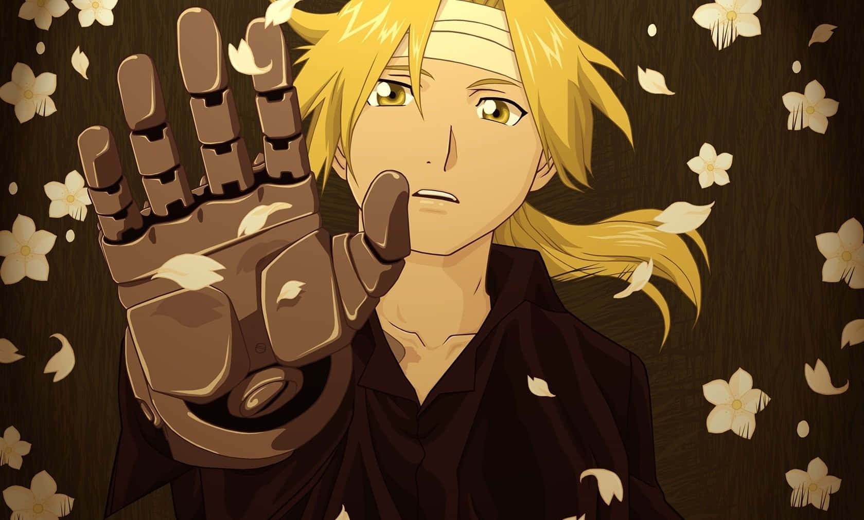 edward elric 桌布 壁紙 — 一個金髮動漫角色，機械手伸向觀眾，周圍是飄落的白色花朵，背景為深色木質。