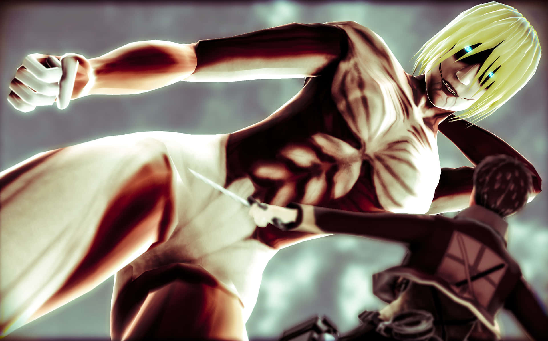 Female Titan 桌布 壁紙 — 一個金髮動漫角色以巨人形態向前衝，下方一個較小的身影握著一把刀。