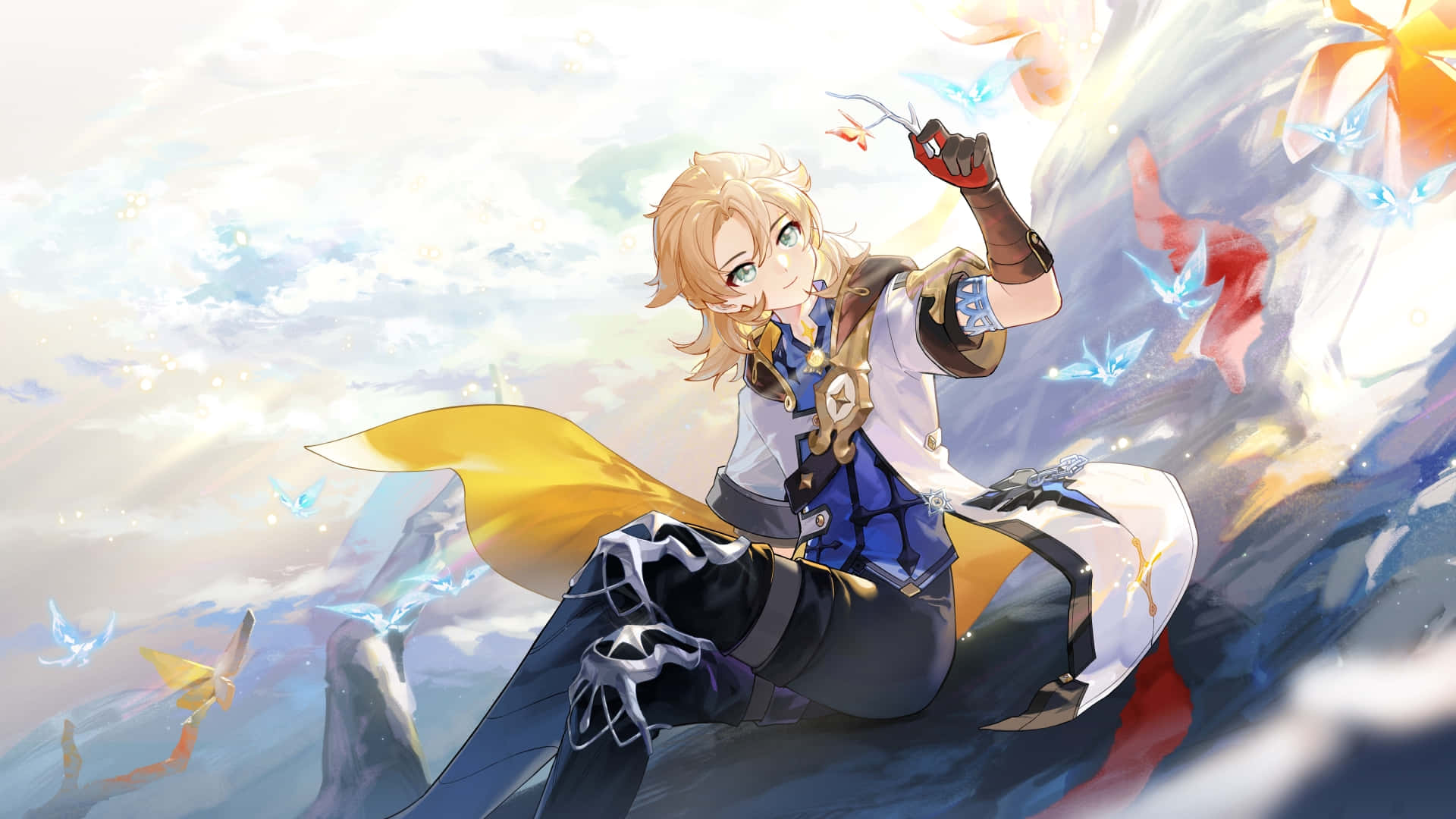 Genshin Impact Albedo 桌布 壁紙 — 一個金髮動漫角色披著黃色斗篷，坐在懸崖頂上，揮舞著發光的武器，藍色和橙色的蝴蝶在明亮的天空下圍繞著他們飛舞。