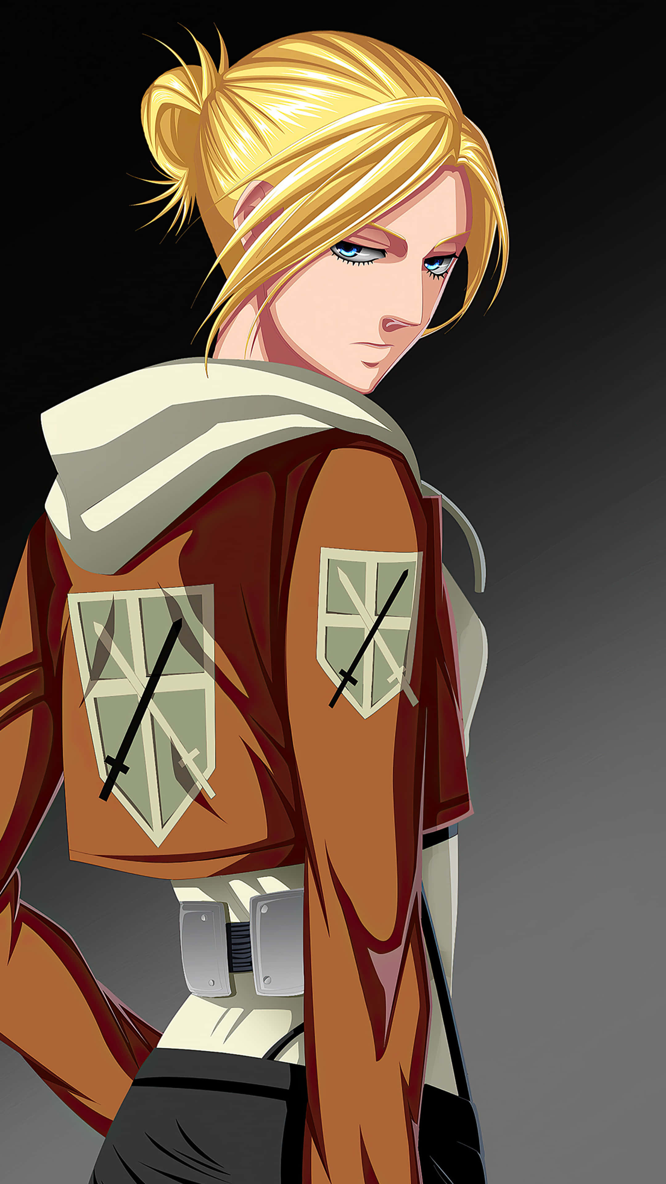 Annie Leonhart 桌布 壁紙 — 一個金髮動漫角色穿著帶有盾牌徽章的棕色外套，在深色漸變背景上轉頭回望。