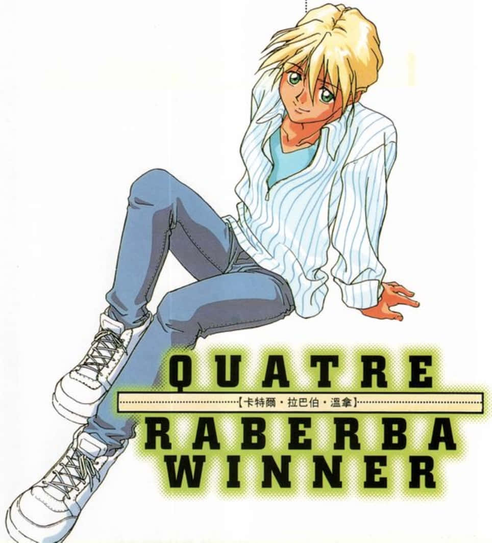 Quatre Raberba Winner 桌布 壁紙 — 一個金髮動漫角色穿著條紋襯衫和牛仔褲，隨意地坐在白色背景前，下方有粗體文字。