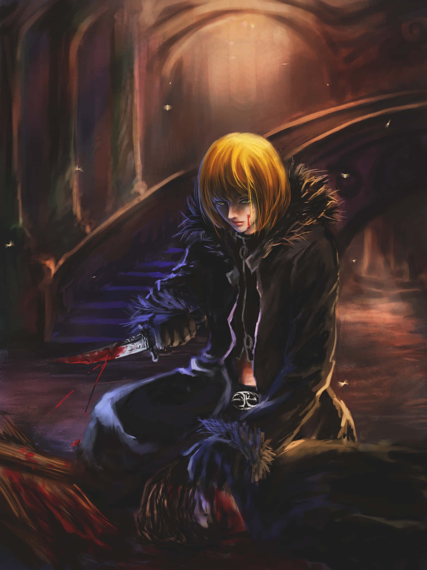 Death Note Mello 桌布 壁紙 — 一個金髮動漫角色穿著深色外套，在昏暗的哥德式拱門中跪著，手持一把血淋淋的刀。