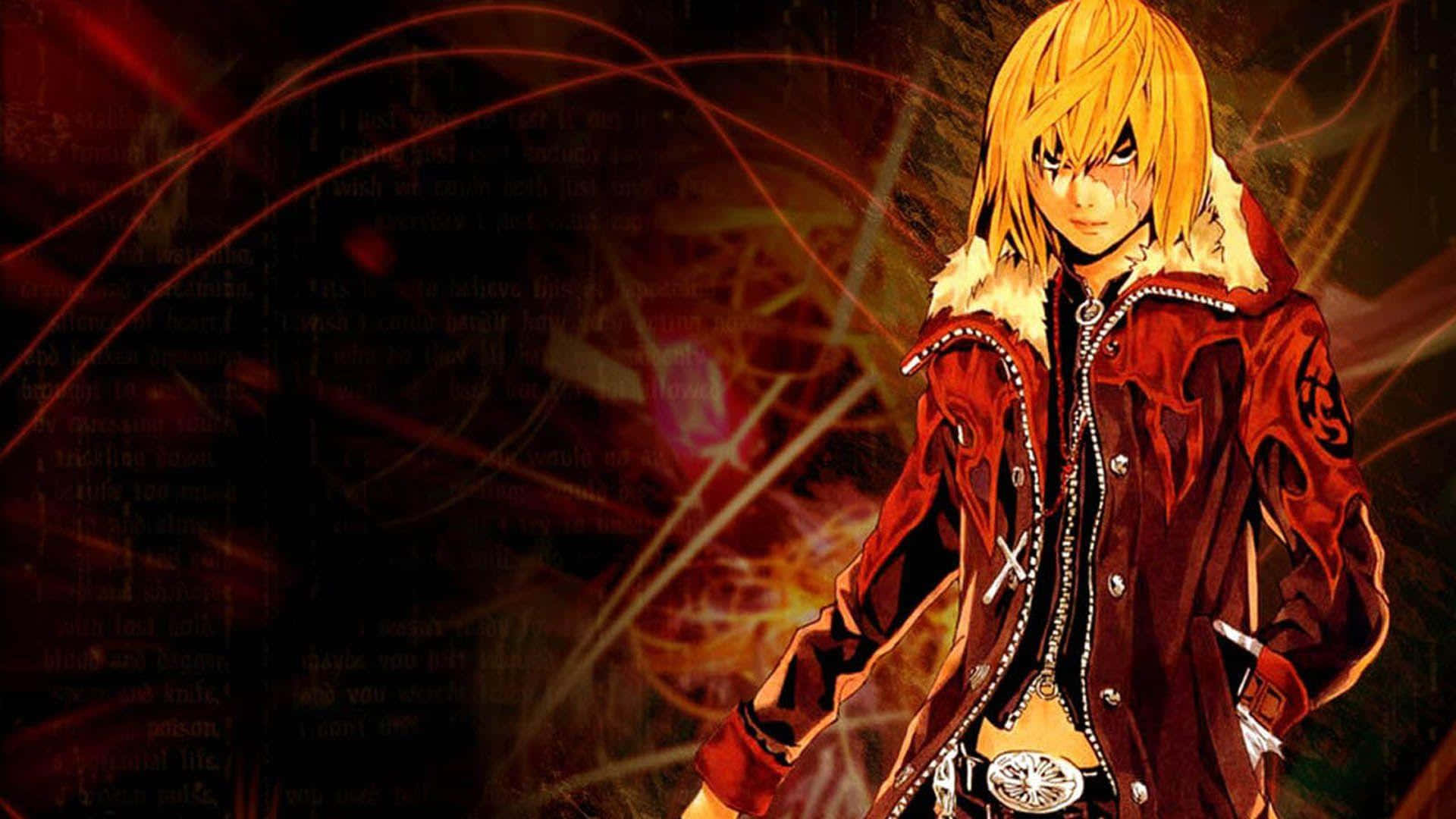 Death Note Mello 桌布 壁紙 — 一個金髮動漫角色穿著紅色外套，站在黑暗背景前，帶有發光的紅色條紋和模糊的文字。
