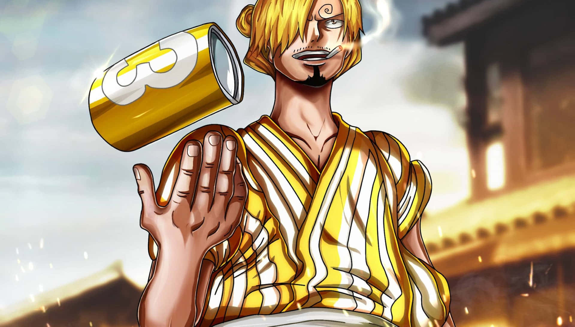 One Piece Characters 桌布 壁紙 — 一個金髮動漫角色穿著黃白長袍，站在傳統建築前，手持金色罐子。