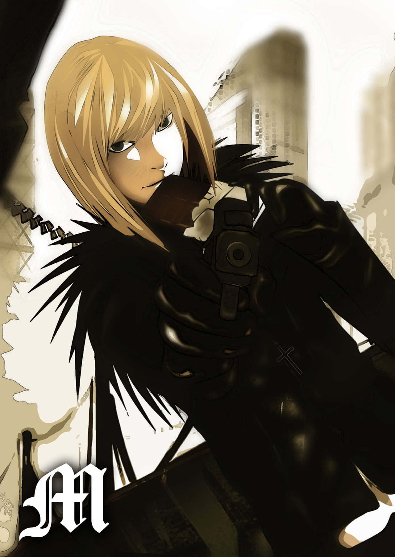 Death Note Mello 桌布 壁紙 — 一個金髮動漫角色穿著黑色外套，在粗糙的城市背景下專注地瞄準手槍。