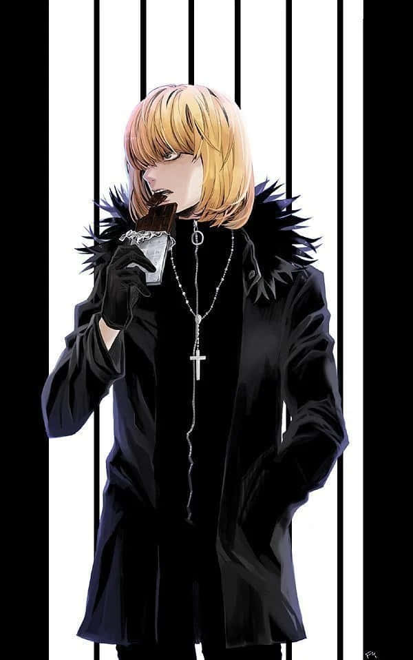 Death Note Mello 桌布 壁紙 — 一個金髮動漫角色穿著黑色外套，戴著尖刺項圈，在垂直欄杆後面從玻璃杯啜飲。