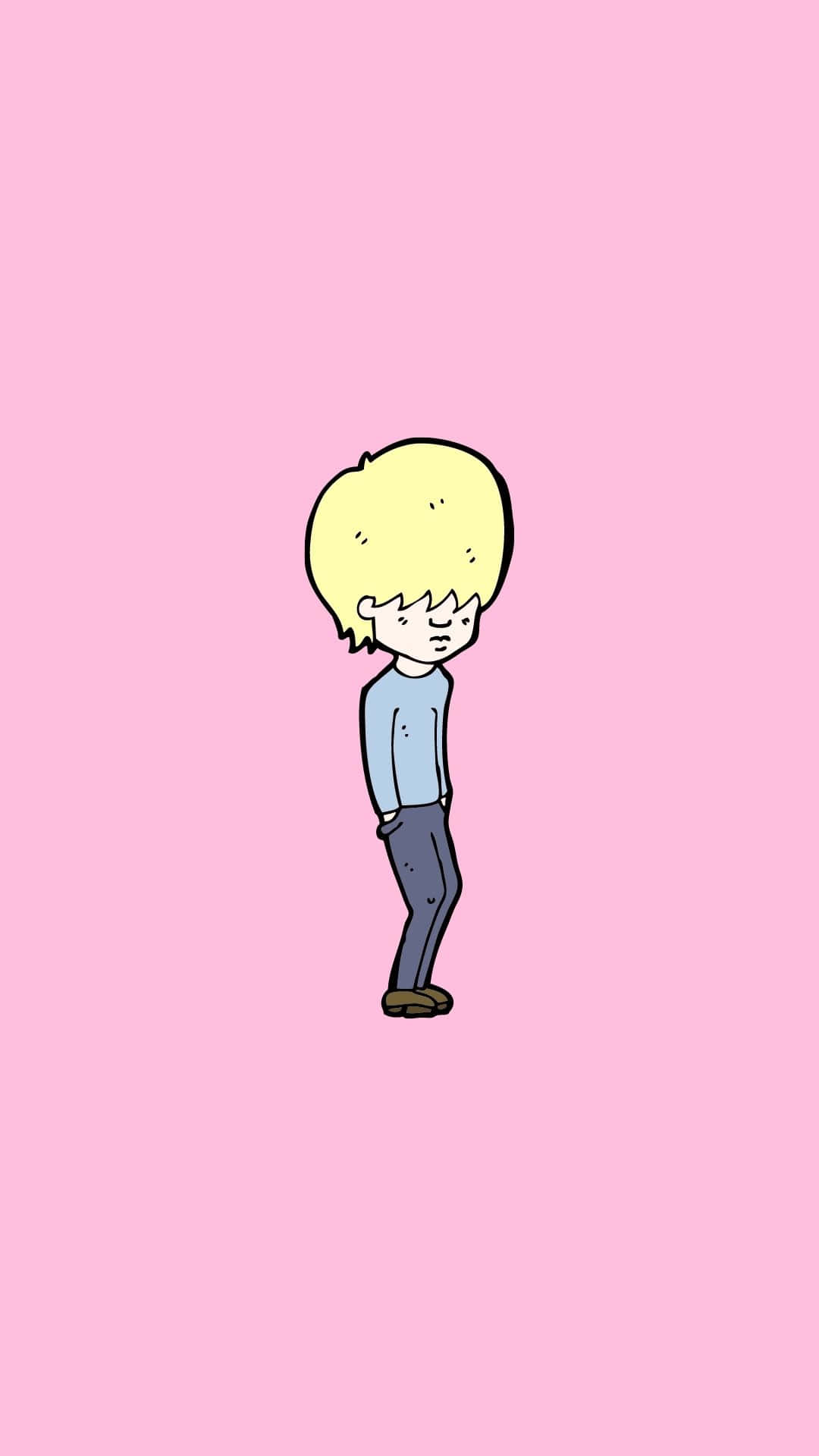 Cute Emo 桌布 壁紙 — 一個金髮卡通男孩站在純粉紅色背景前，神情沮喪。