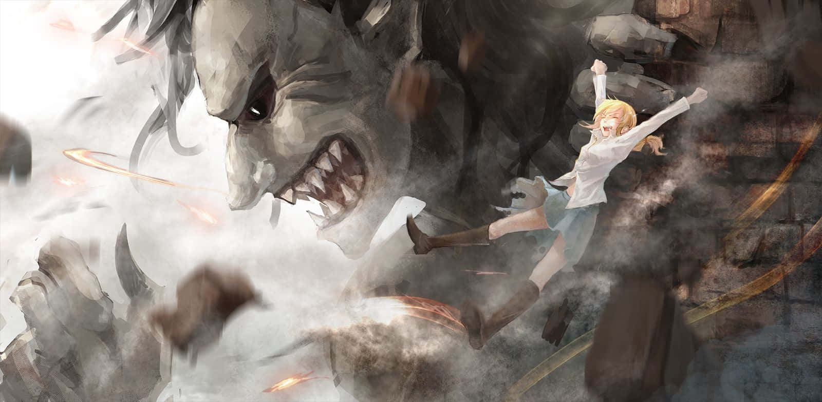 Ymir 桌布 壁紙 — 一個金髮女孩在煙霧和瓦礫中跳離一隻咆哮的尖牙巨人。