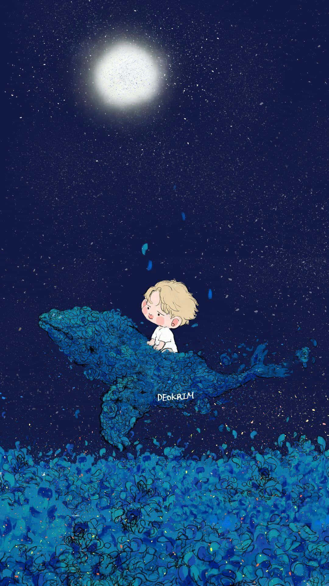 Bts Fanart 桌布 壁紙 — 一個金髮小孩騎著藍鯨穿過滿天星斗的夜空，在明亮的月亮下。