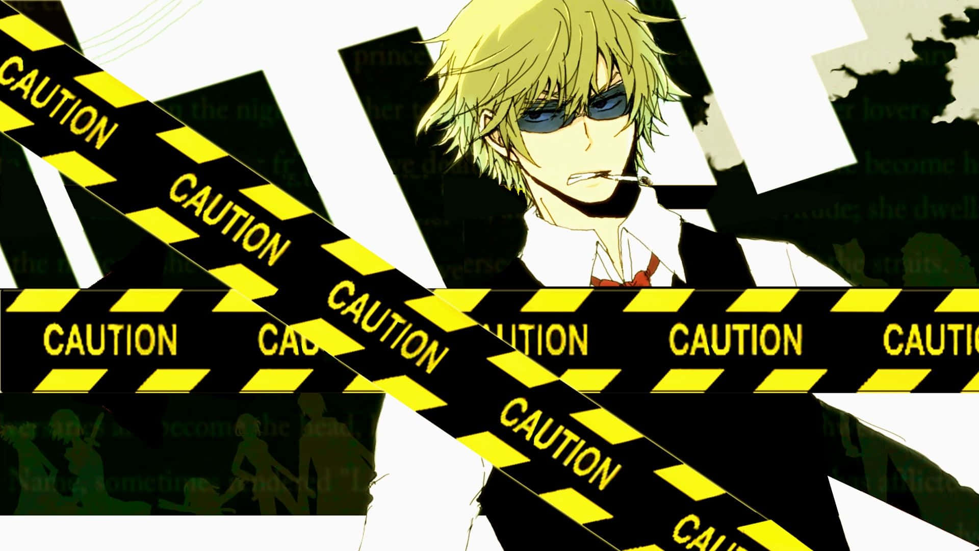 durarara 桌布 壁紙 — 一個金髮戴太陽眼鏡的動畫男孩在黃色警告膠帶後面抽煙，背景為深色並帶有文字碎片。