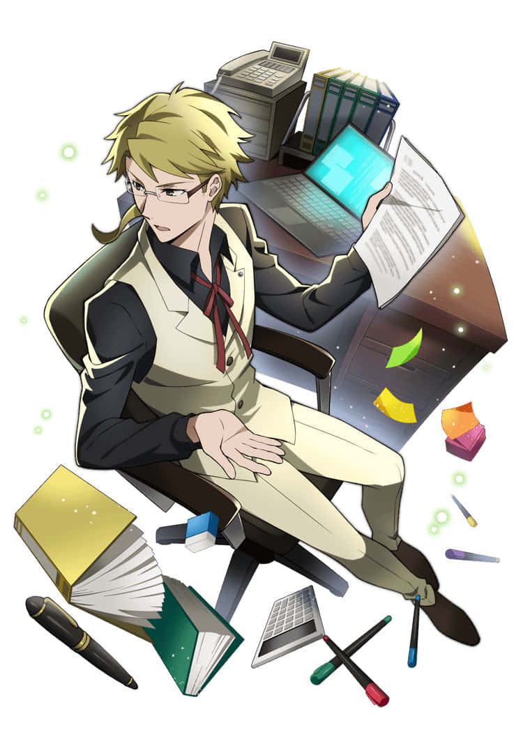 Kunikida 桌布 壁紙 — 一個金髮戴眼鏡的動漫男子坐在雜亂的工作空間中，周圍散落著書籍、筆和辦公設備。