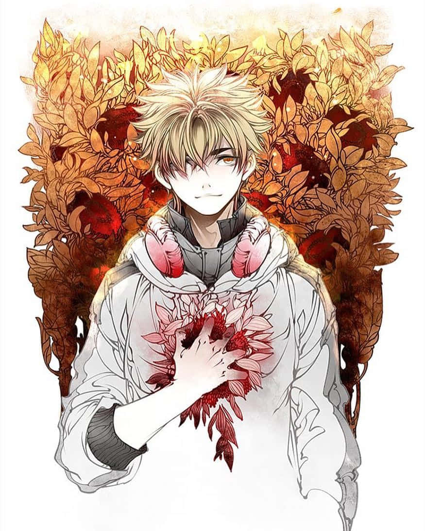 Hideyoshi Nagachika 桌布 壁紙 — 一個金髮戴耳機的動漫男孩，在熾熱的秋葉背景下抱著一個紅色花卉心形。