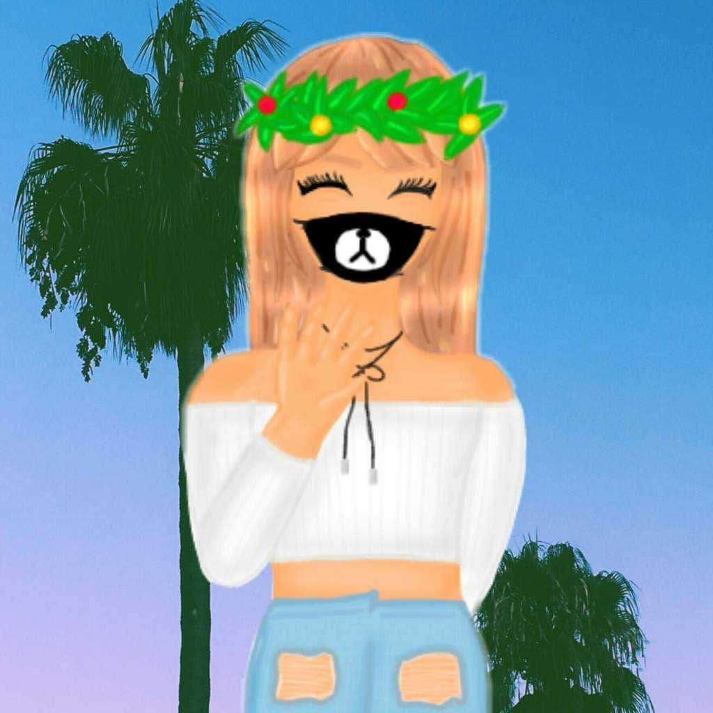 Roblox Aesthetic 桌布 壁紙 — 一個金髮戴著節日花環的卡通女孩，在暮色天空下的棕櫚樹旁開懷大笑。