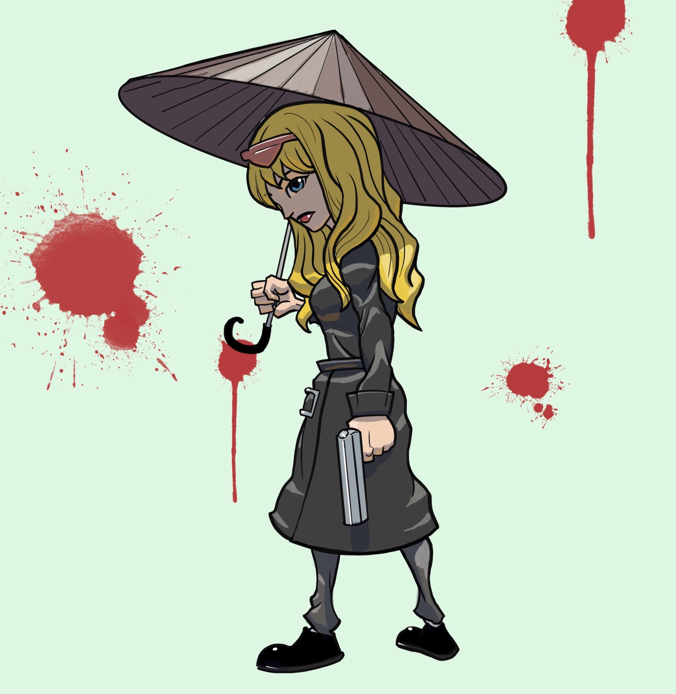 Cowboy Bebop Julia 桌布 壁紙 — 一個金髮的Q版動漫女孩在淡綠色背景上，手持黑色雨傘和槍，周圍有紅色血跡。