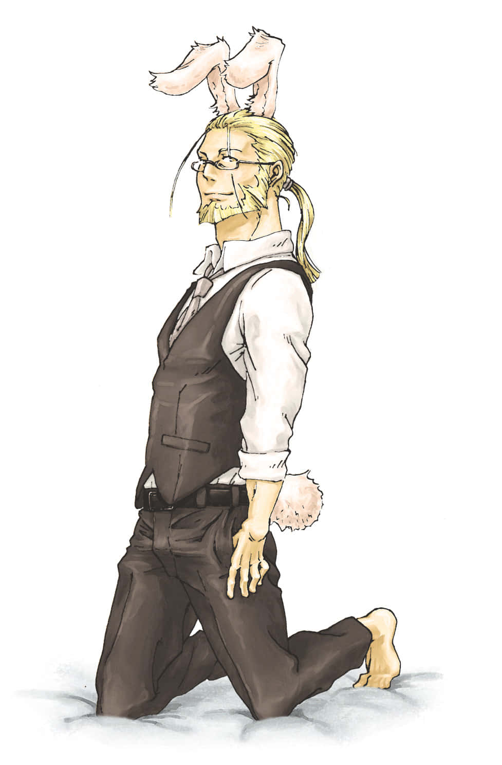 Van Hohenheim 桌布 壁紙 — 一個金髮的動漫男人，有兔耳和尾巴，穿著正式背心和眼鏡跪在雪地裡。