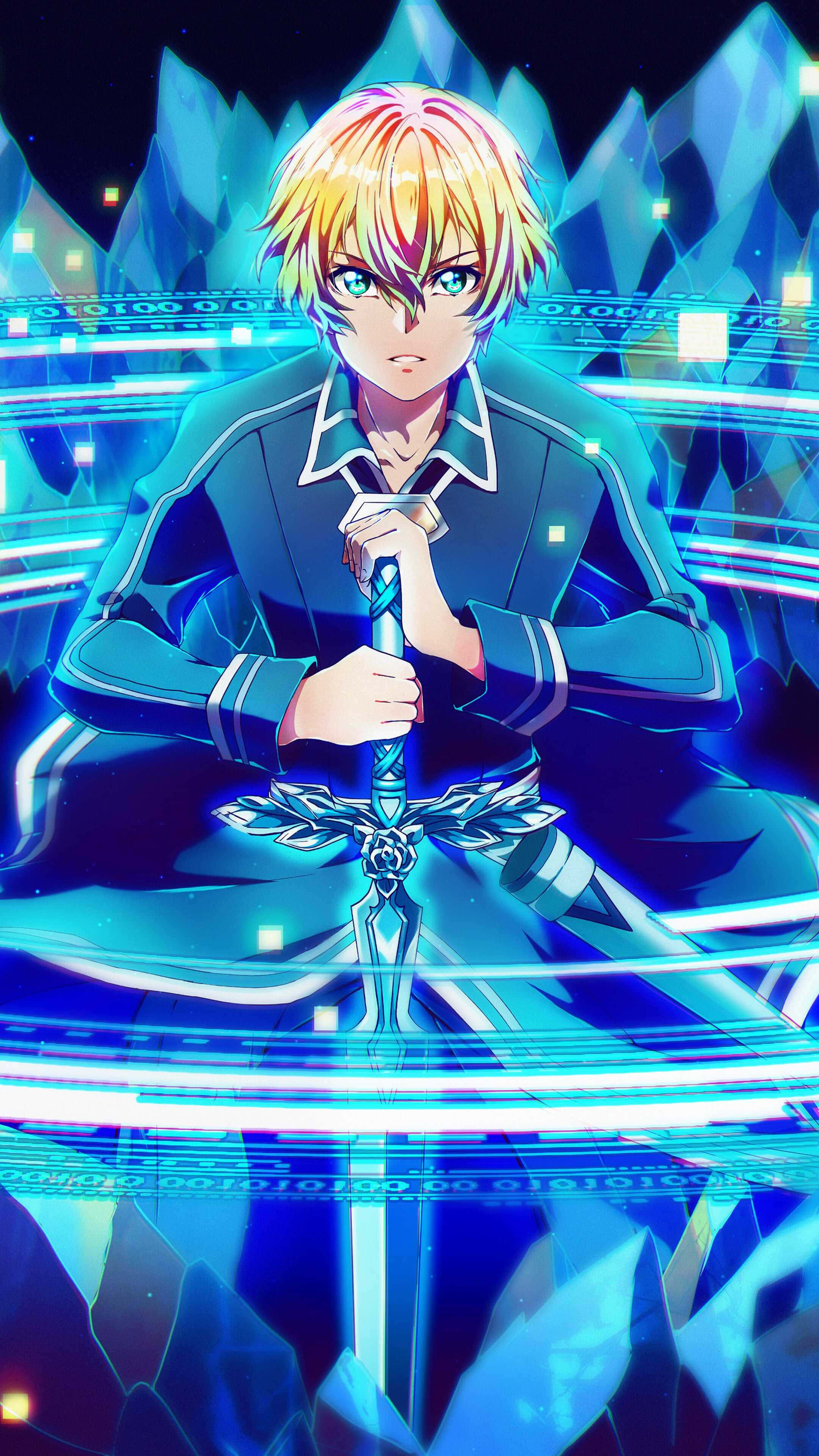 Sword Art Online Eugeo 桌布 壁紙 — 一個金髮的堅定動漫男孩在未來主義的藍色水晶景觀中握著一把發光的劍。