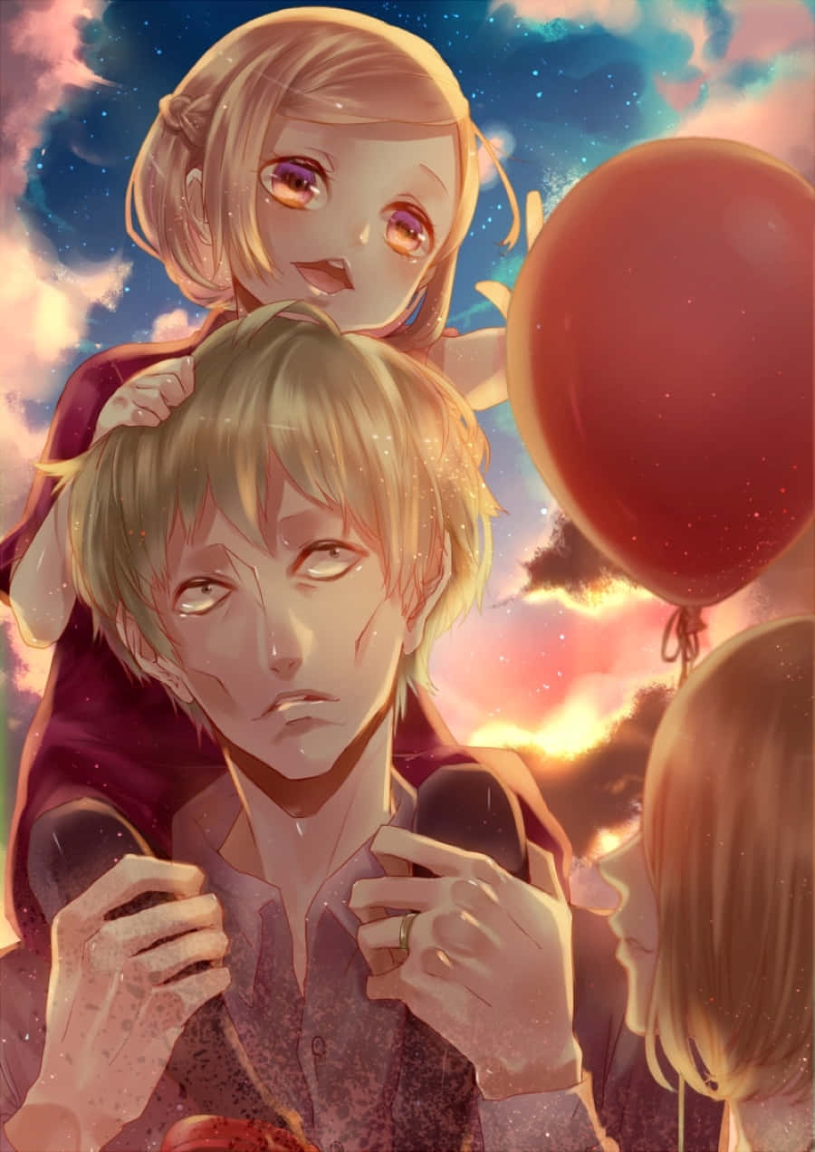Akira Mado 桌布 壁紙 — 一個金髮碧眼的小女孩坐在男孩的肩膀上，背景是充滿活力的日落天空，手裡拿著一個紅色氣球。
