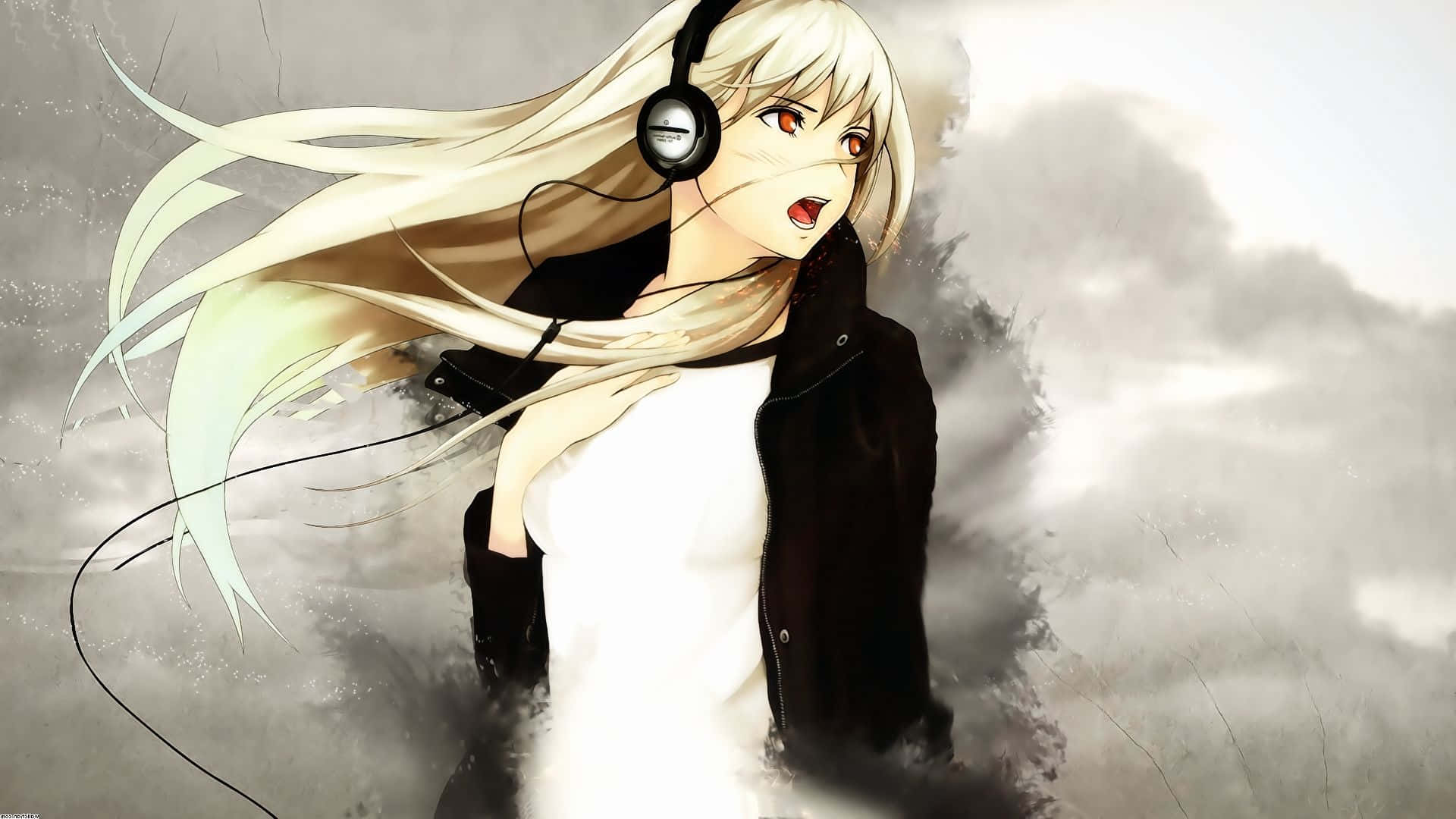 Cute Music 桌布 壁紙 — 一個金髮紅眼嘅動漫女仔戴住耳機同黑色外套，背景係風暴灰色天空。