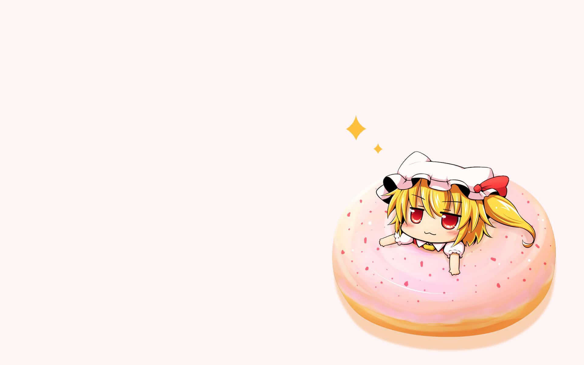 donuts 桌布 壁紙 — 一個金髮紅眼的可愛動漫女孩躺在一個有糖霜和彩糖的粉紅色甜甜圈上，背景是柔和的米色。
