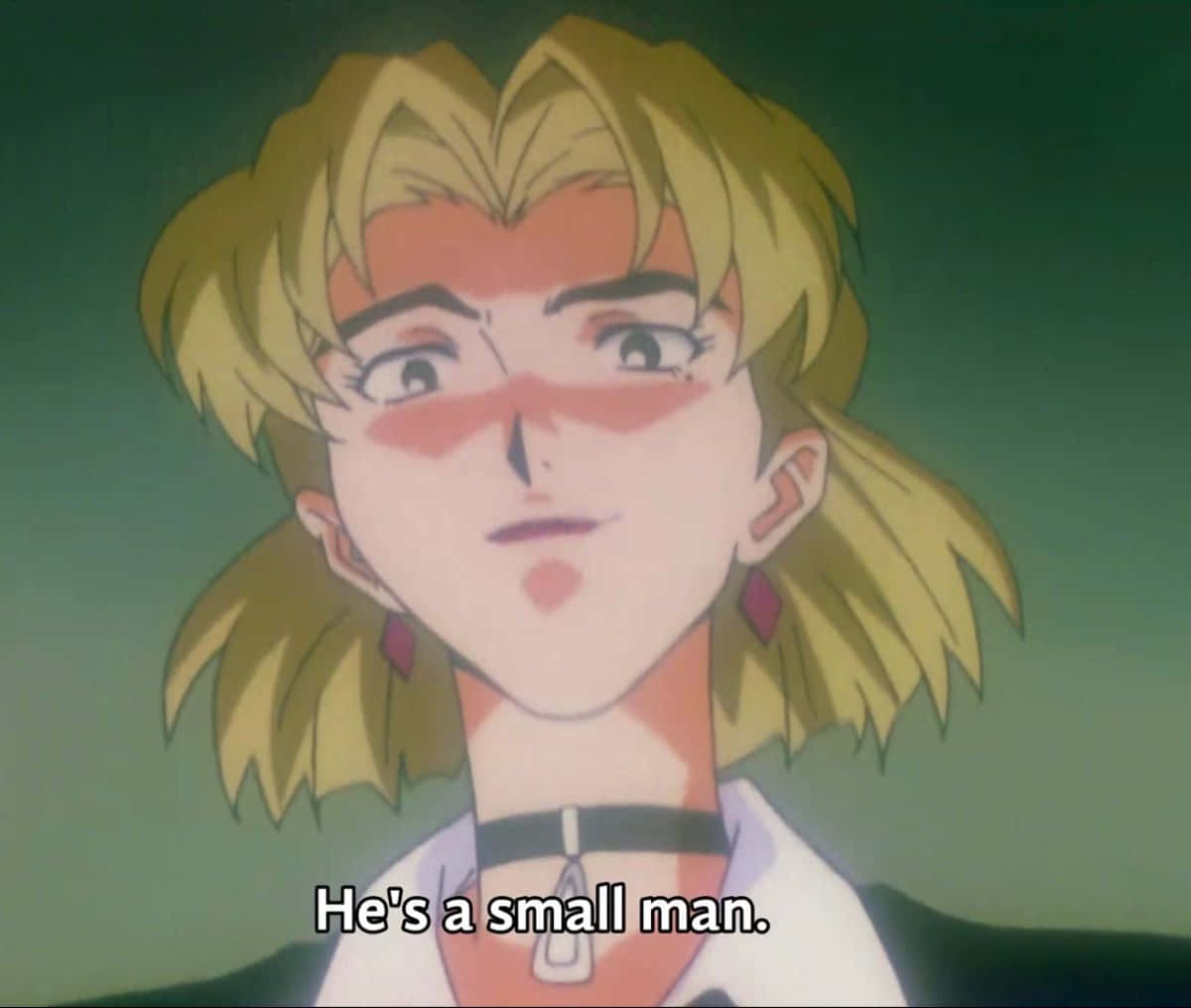 Ritsuko Akagi 桌布 壁紙 — 一個金髮紅腮的動漫角色近距離特寫，向上看並露出得意的笑容。