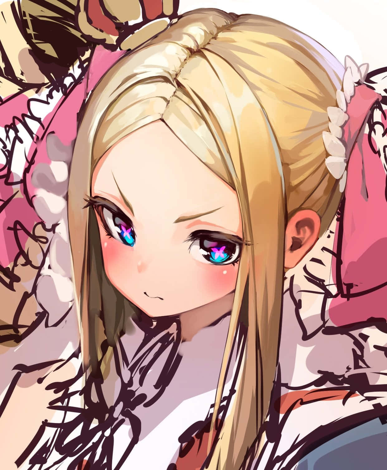 Re Zero Beatrice 桌布 壁紙 — 一個金髮紫瞳、眼神堅定的動漫少女近照，身穿粉紅色荷葉邊服裝。