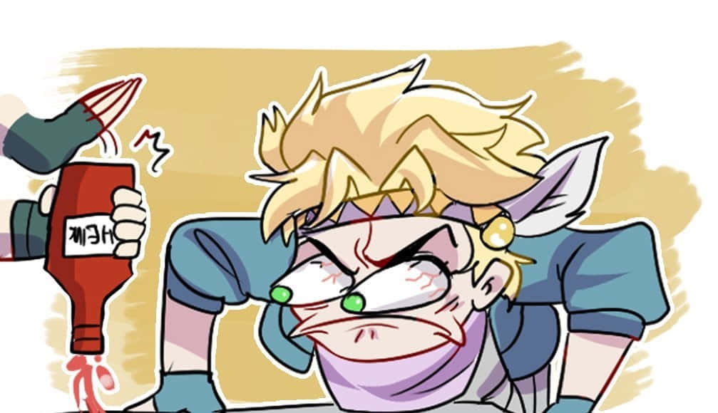 Caesar Anthonio Zeppeli 桌布 壁紙 — 一個金髮綠眼的動漫角色，因一隻手將茄汁瓶擠壓在他的臉上而痛苦地扭曲表情。