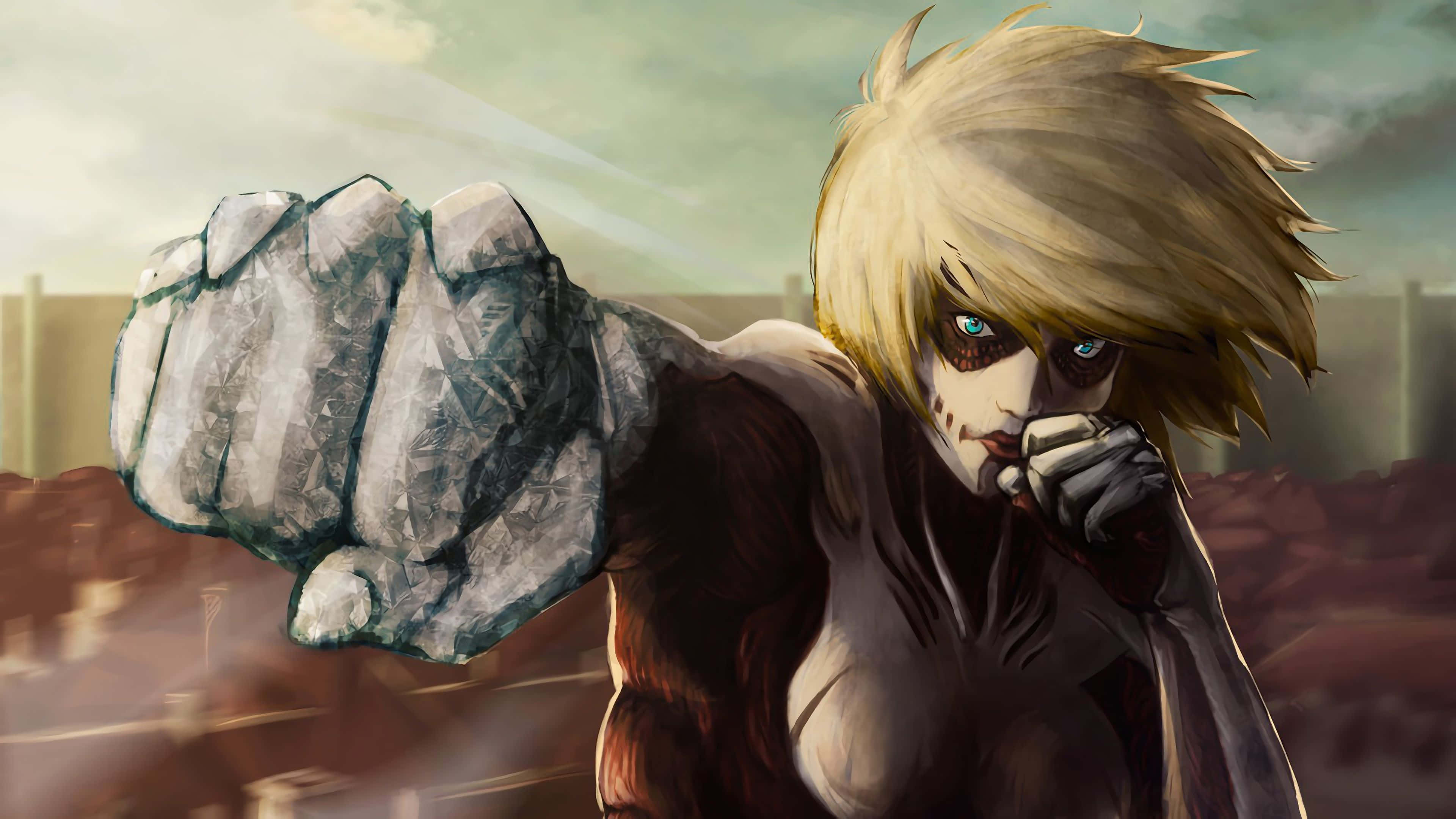 Humanoid Monsters 桌布 壁紙 — 一個金髮藍眼的動漫角色，握著石頭拳頭，在模糊的城市景觀背景下以動態戰鬥姿勢向前衝刺。