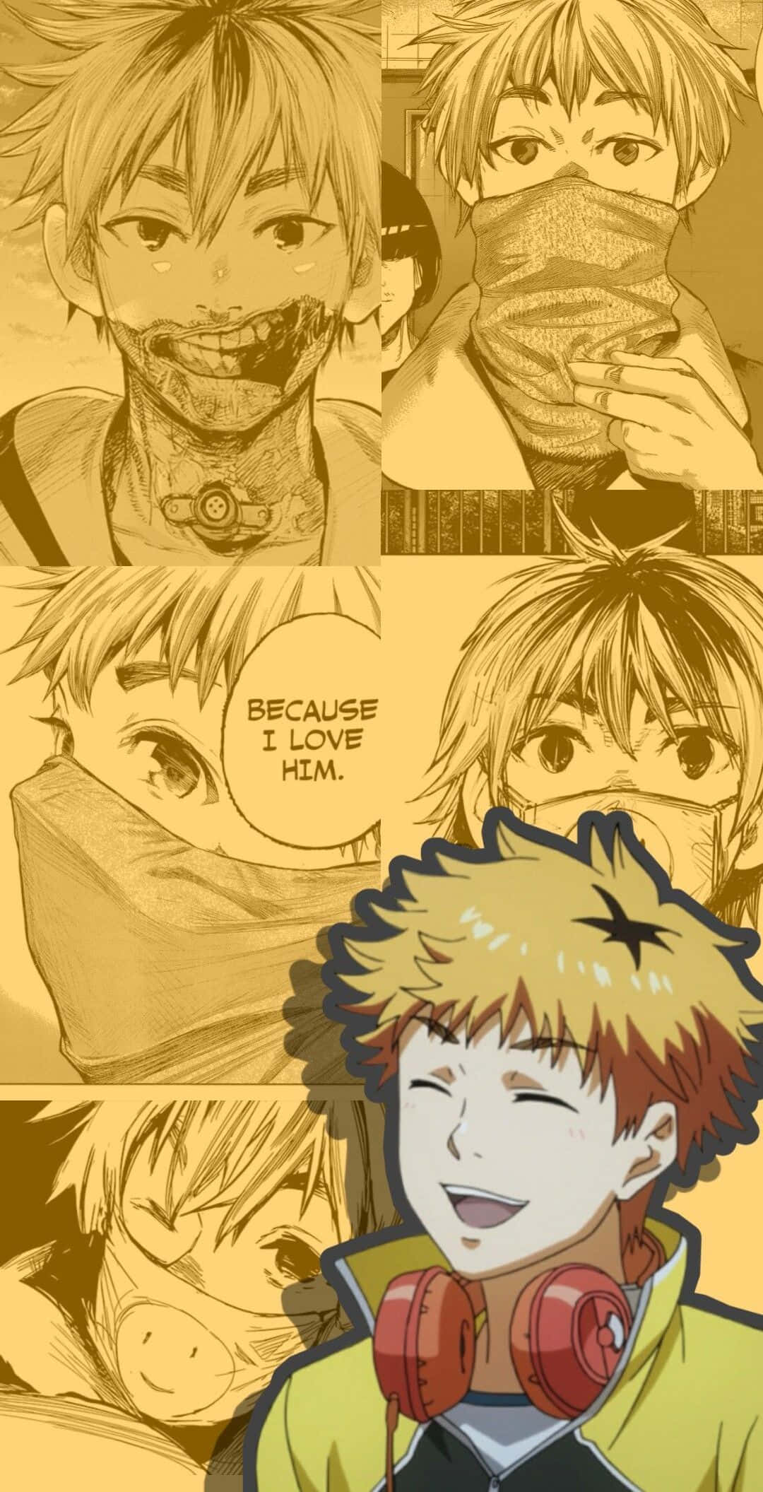 Hideyoshi Nagachika 桌布 壁紙 — 一個金髮角色以不同情緒狀態呈現的漫畫風格拼貼，對話框寫著 because i love him。