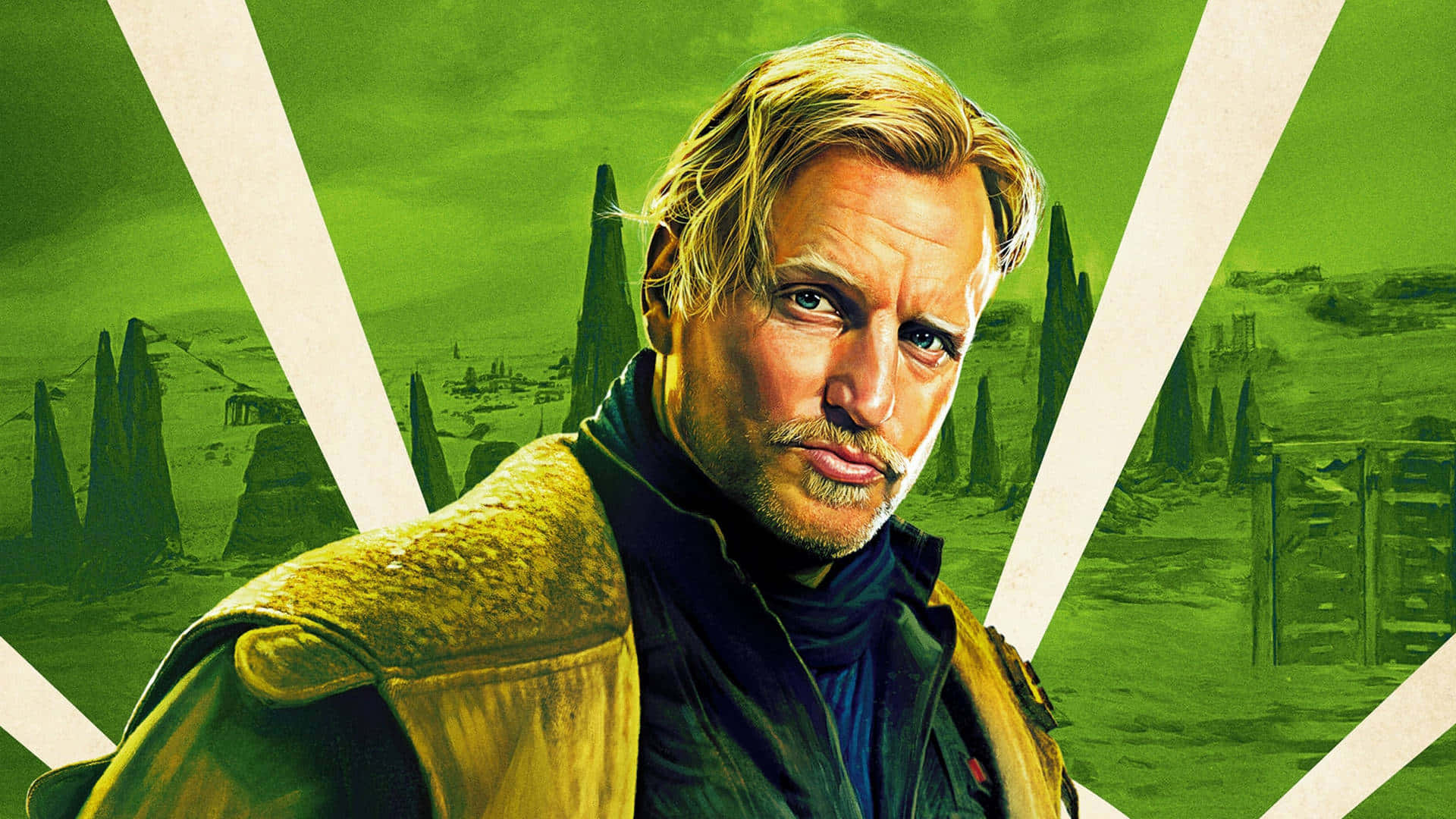 Solo A Star Wars Story 桌布 壁紙 — 一個金髮鬍鬚的粗獷男人，在綠色外星景觀中，白色對角光束下，凝視著。