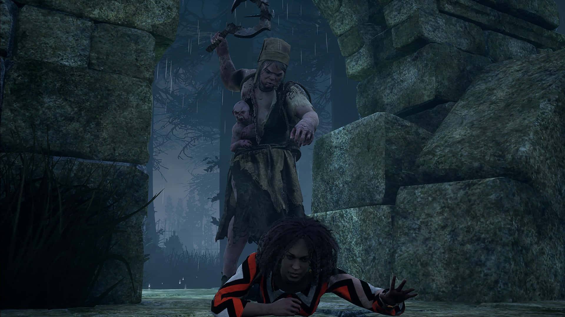 Dead By Daylight Killers 桌布 壁紙 — 一個鉤手怪物在濕透的石拱門中俯視著一個蜷縮的人。