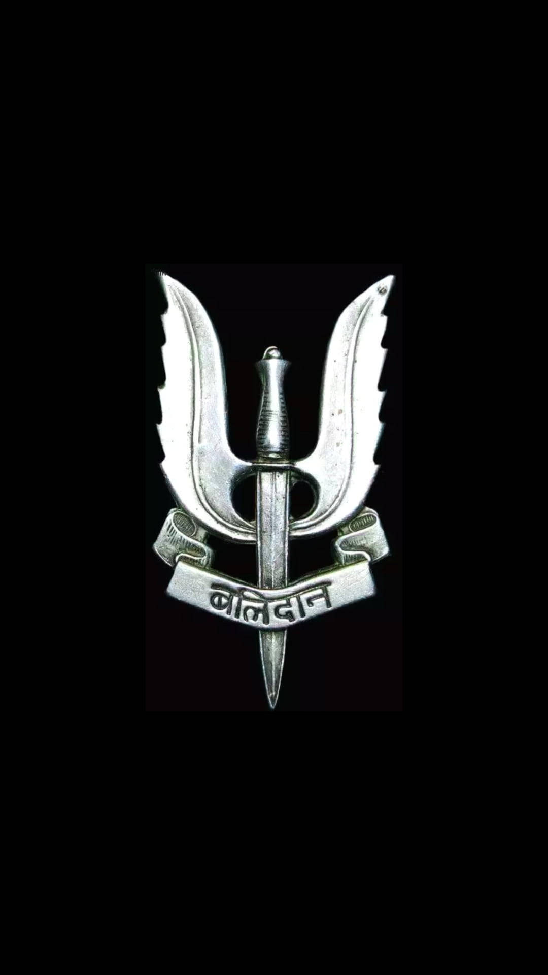 Indian 桌布 壁紙 — 一個銀色印度陸軍傘兵特種部隊徽章，帶有劍和翅膀，背景為黑色。