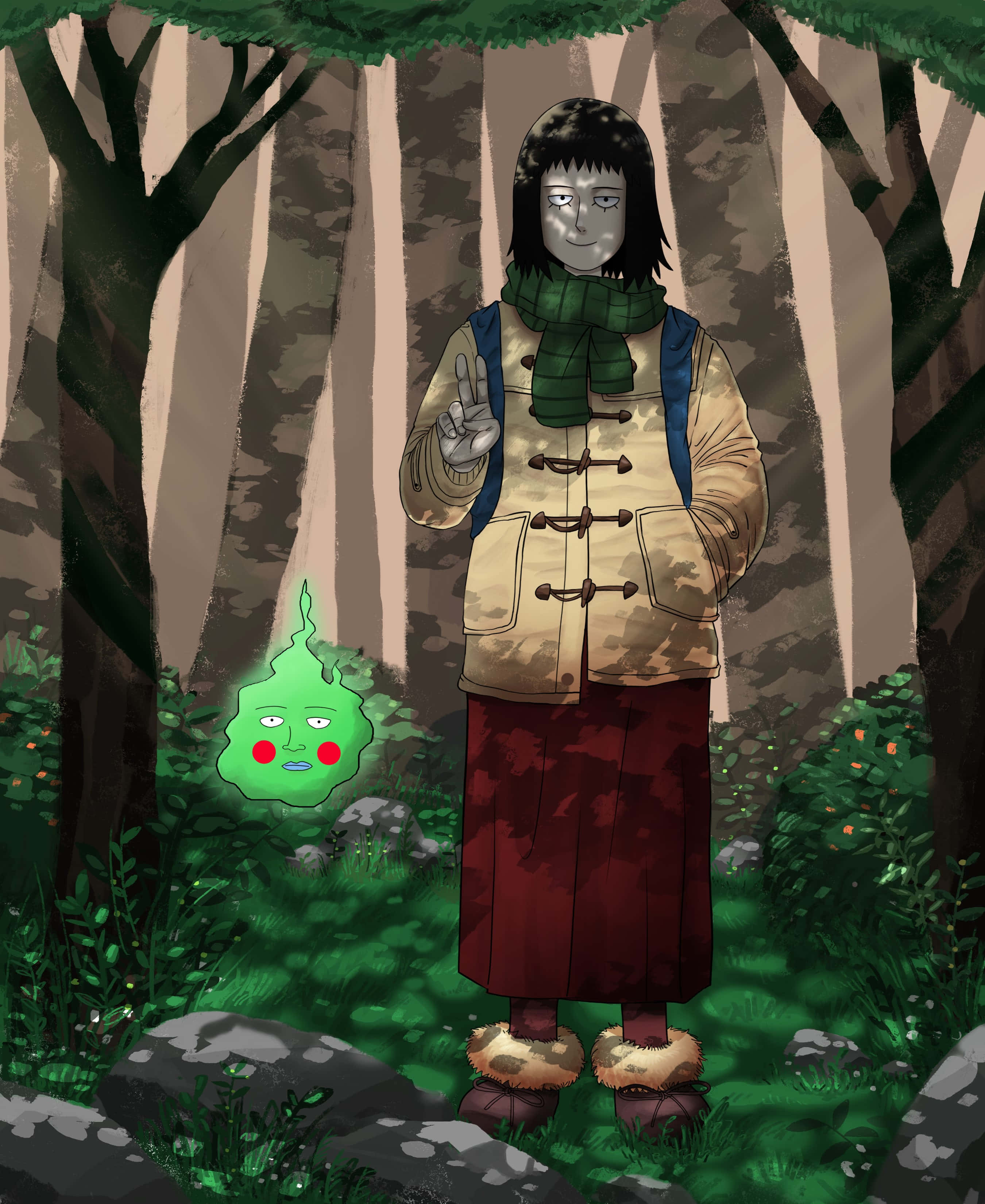 Tome Kurata 桌布 壁紙 — 一個銀色皮膚的人物在森林中，在一個發光的綠色鬼魂生物旁邊做出和平手勢。