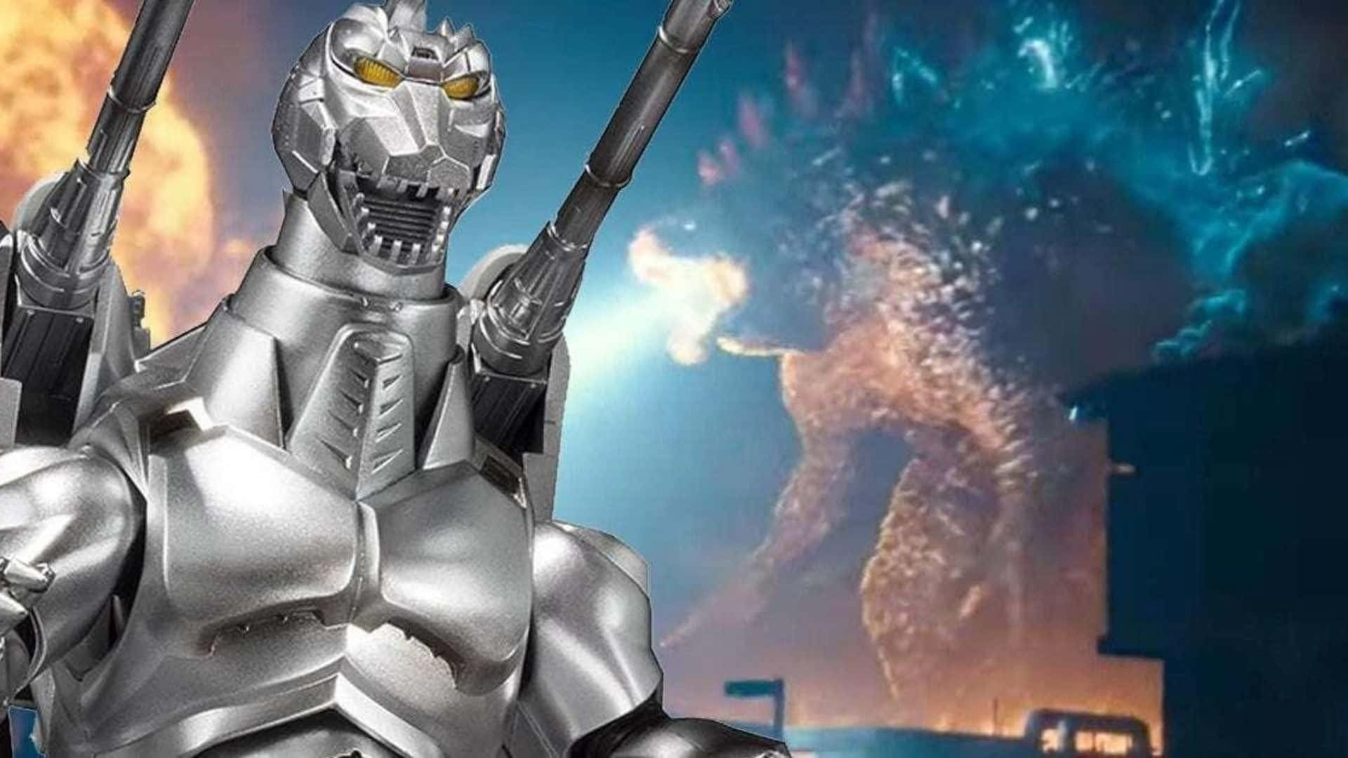 Godzilla Vs Mechagodzilla 桌布 壁紙 — 一個銀色裝甲的機械人，雙眼發出黃光，準備就緒，身後一隻巨型怪物在烈火混亂中爆發。