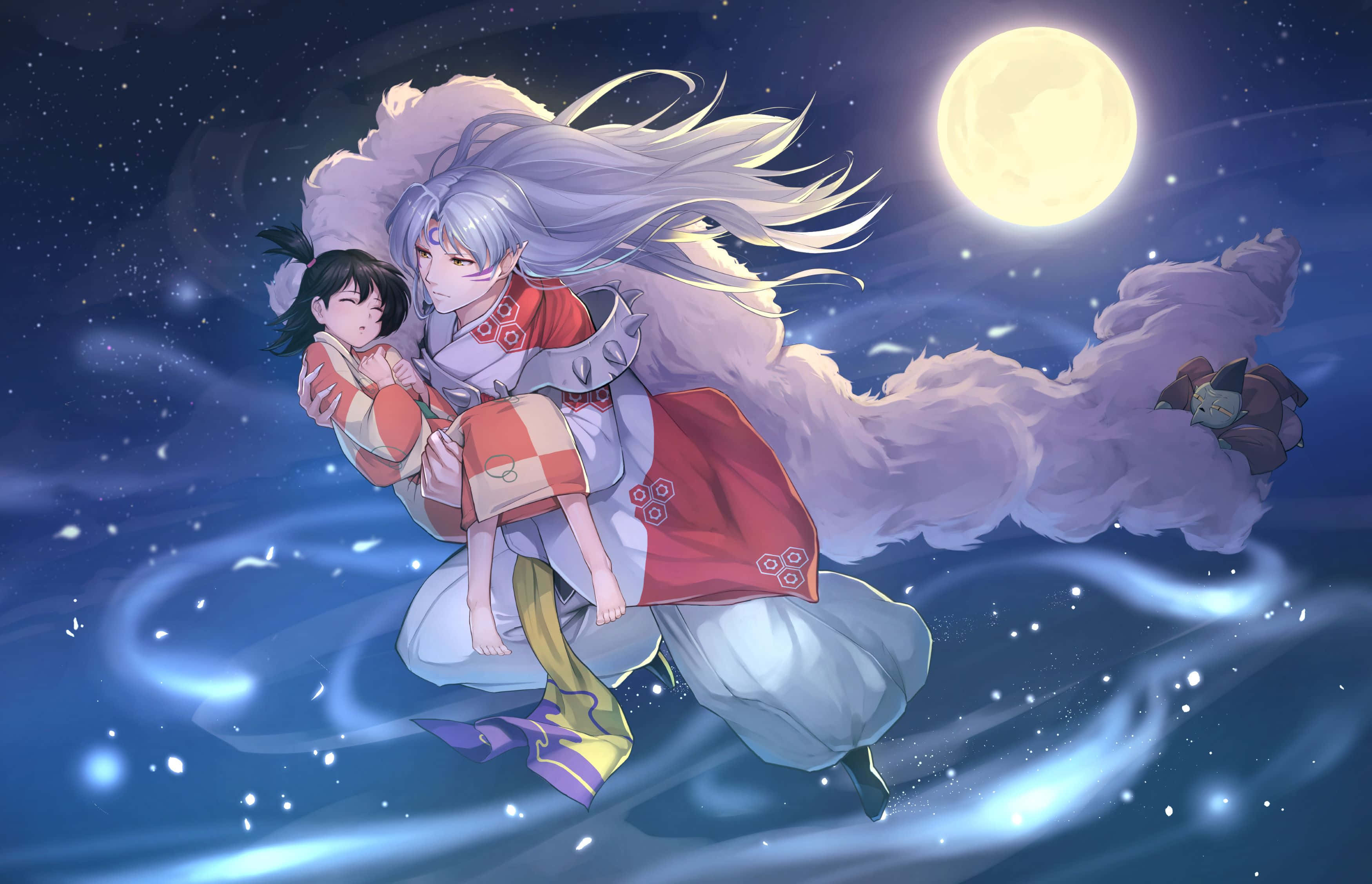 Inuyasha And Sesshomaru 桌布 壁紙 — 一個銀色長髮、毛茸茸尾巴的動漫角色，在閃耀的滿月下，抱著一個孩子飛過繁星點點的夜空。