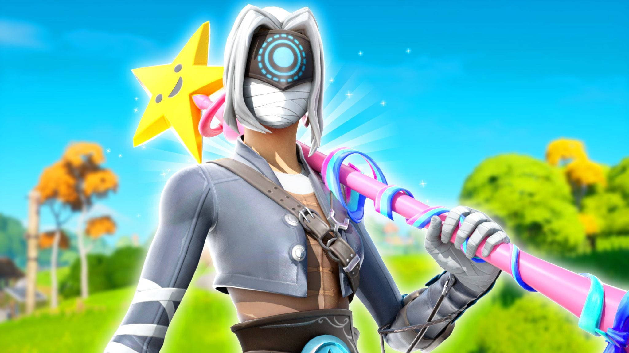 遊戲 桌布 壁紙 — 一個銀色頭髮、帶有發光星星的Fortnite角色，在藍天和秋樹背景下手持彩色法杖。