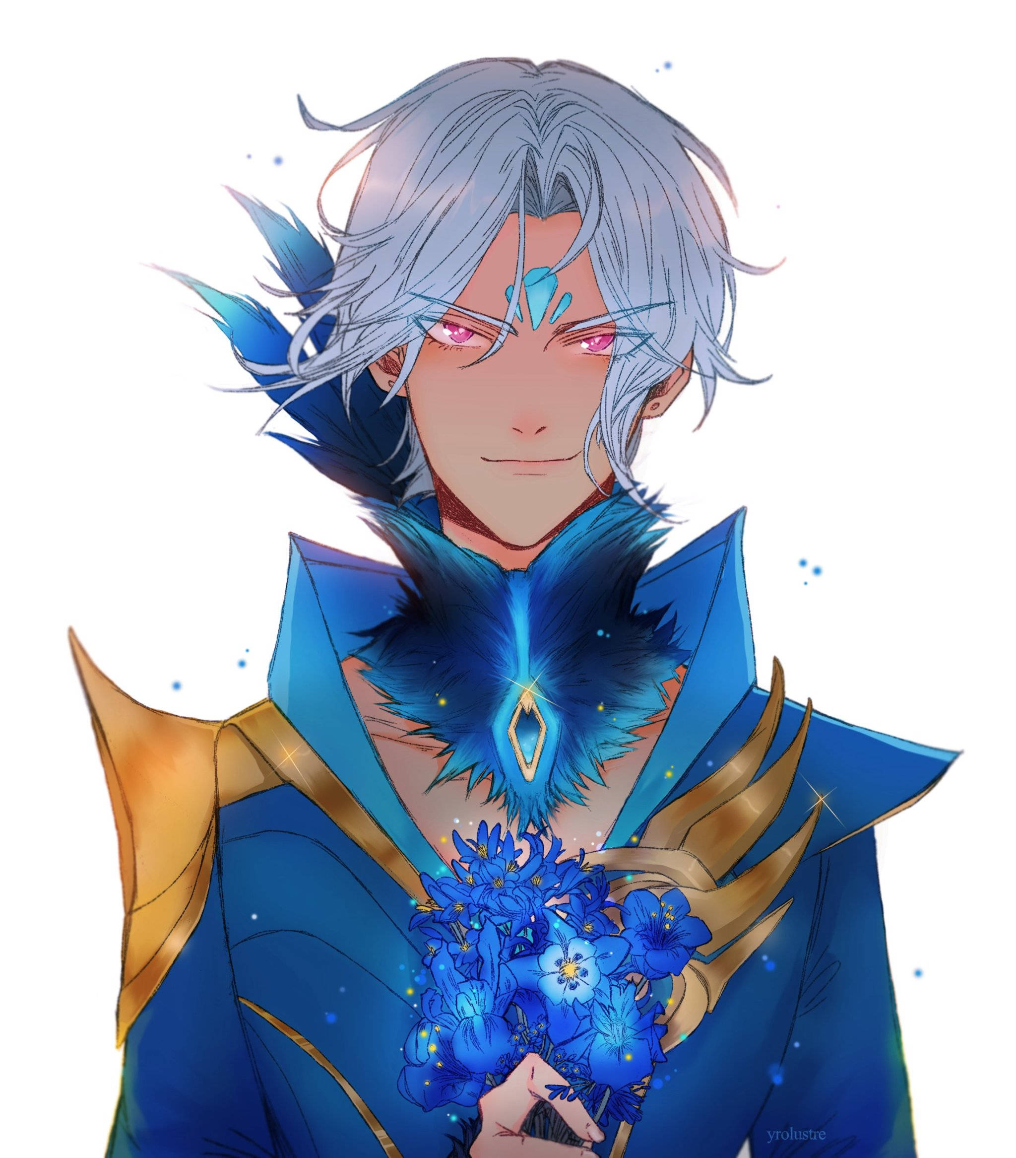 Mobile Legends 桌布 壁紙 — 一個銀色頭髮、發光粉紅色眼睛的動漫角色，穿著藍色和金色的服裝，手持一束藍色花朵。