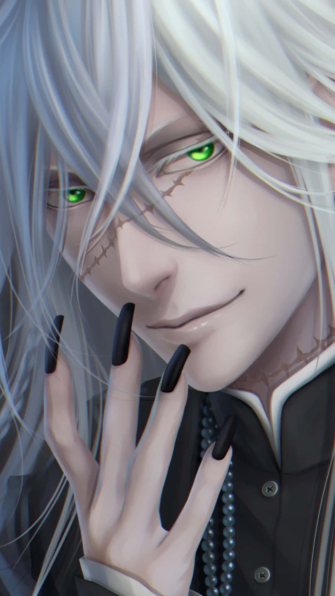 Black Butler Undertaker 桌布 壁紙 — 一個銀色頭髮、綠色眼睛和黑色指甲的動漫角色特寫，輕輕觸摸自己的臉。