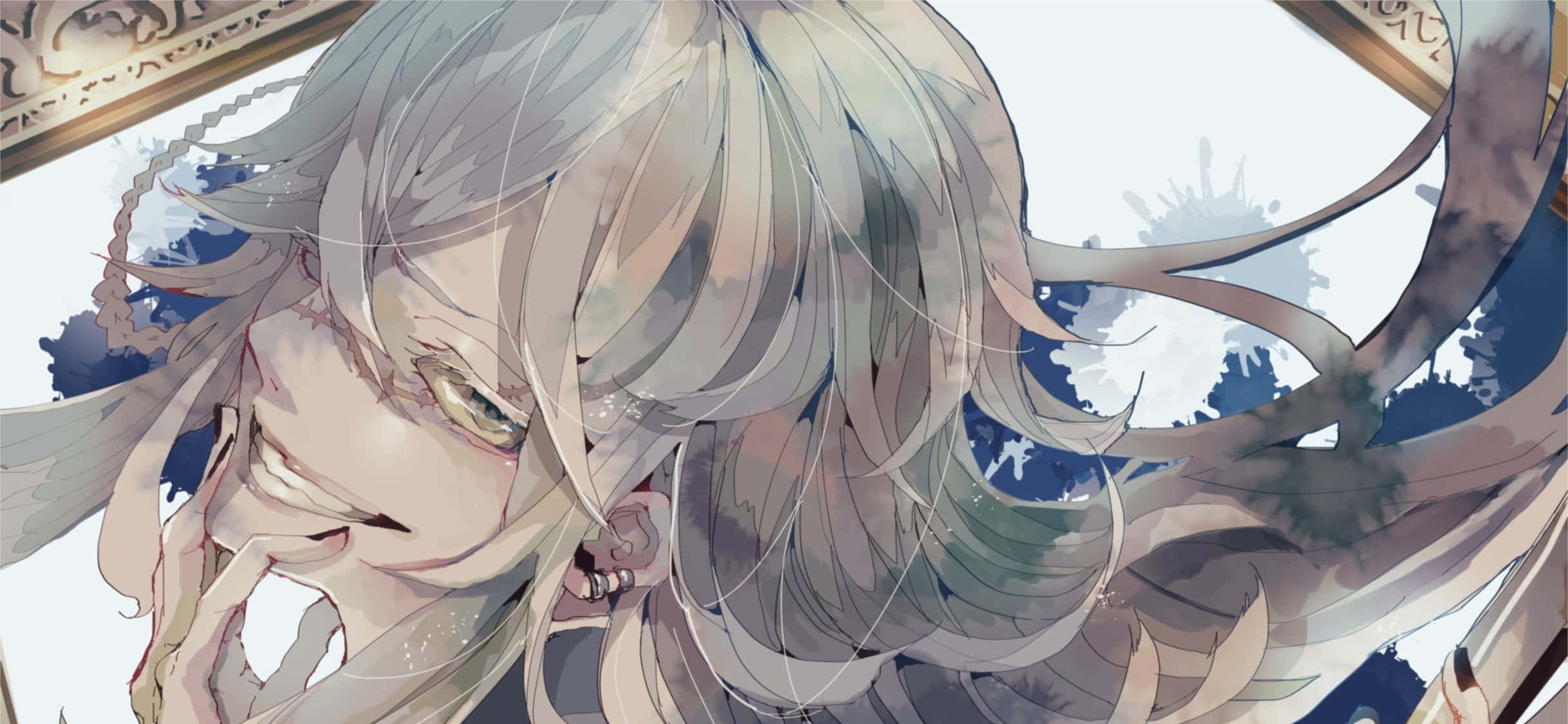 Black Butler Undertaker 桌布 壁紙 — 一個銀色頭髮和綠色眼睛的動漫女孩特寫，在藍色和白色抽象背景前溫柔地微笑。