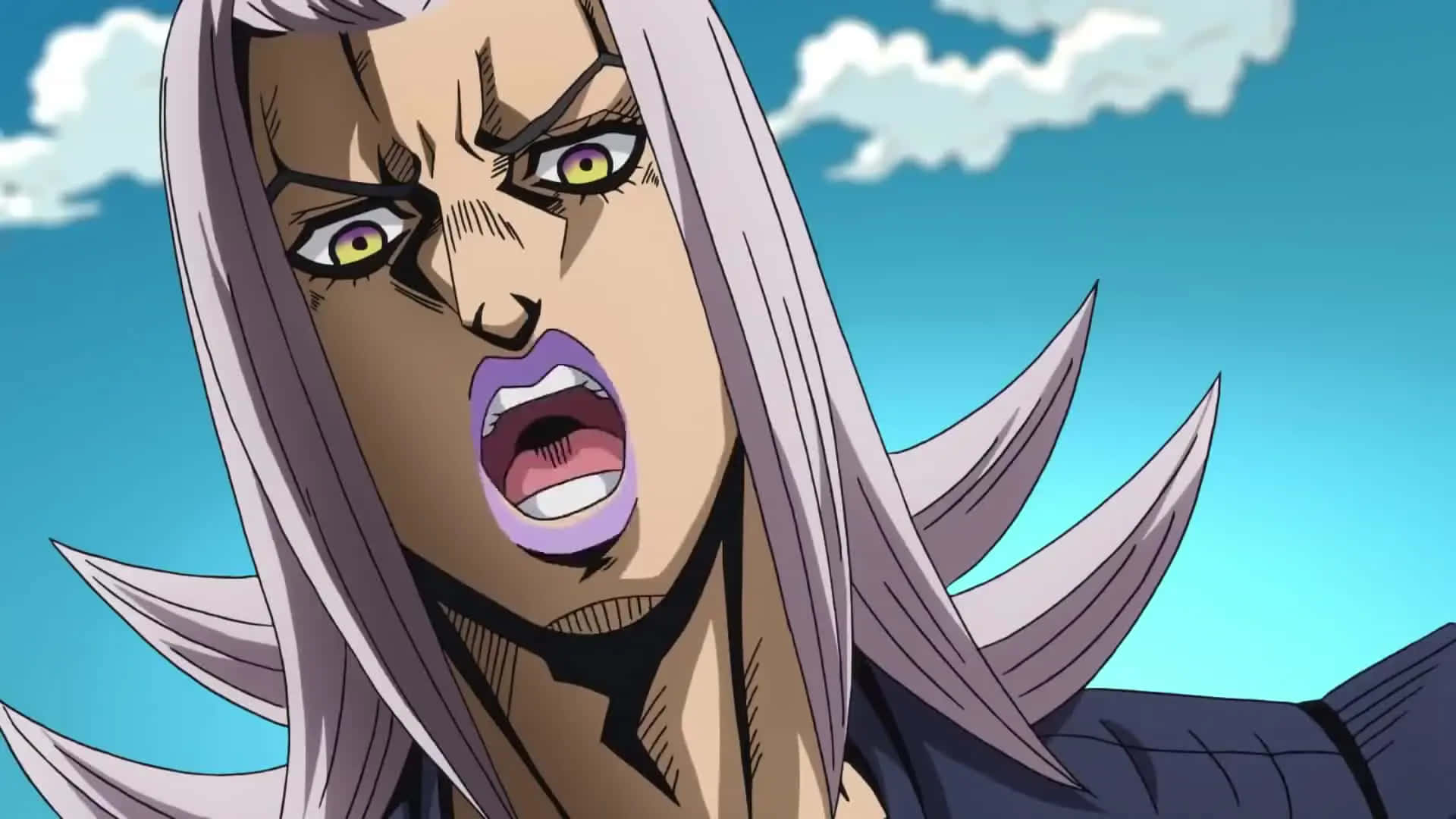 Vento Aureo 桌布 壁紙 — 一個銀色頭髮和黃色眼睛的動漫角色，在藍天白雲下猛烈尖叫。