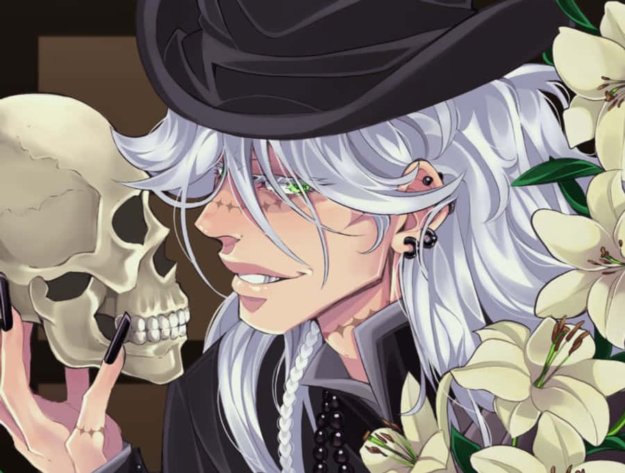Black Butler Undertaker 桌布 壁紙 — 一個銀色頭髮的動漫角色戴著黑色高帽，手持骷髏頭，旁邊有白色百合花，露出邪惡的笑容。