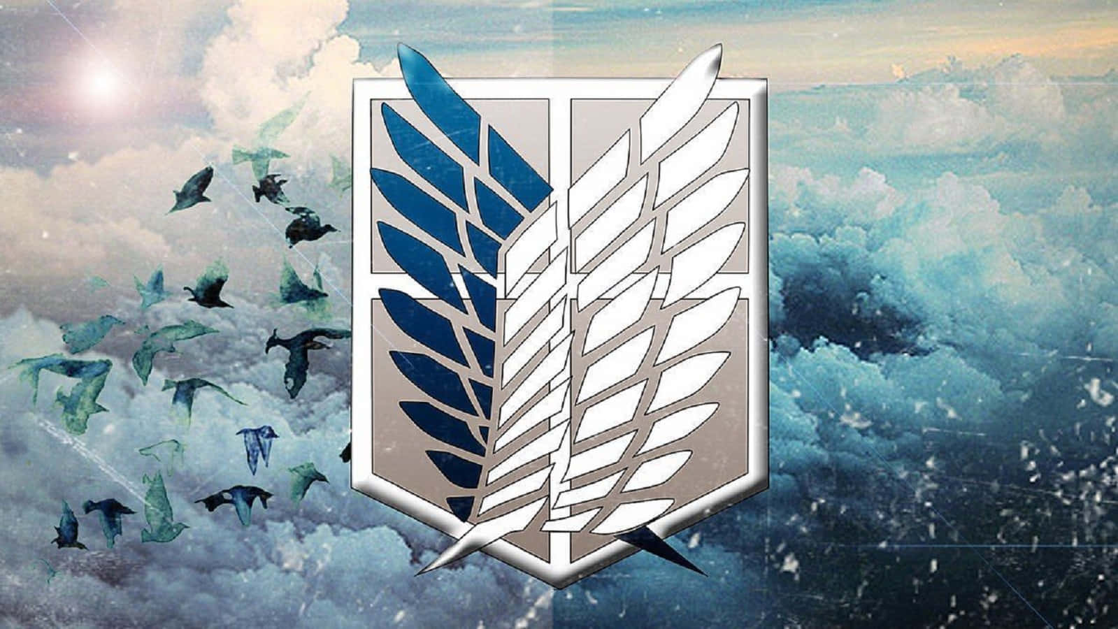 Survey Corps 桌布 壁紙 — 一個銀藍色的有翼徽章漂浮在旋轉的雲層之上，鳥兒在陽光明媚的天空中翱翔。