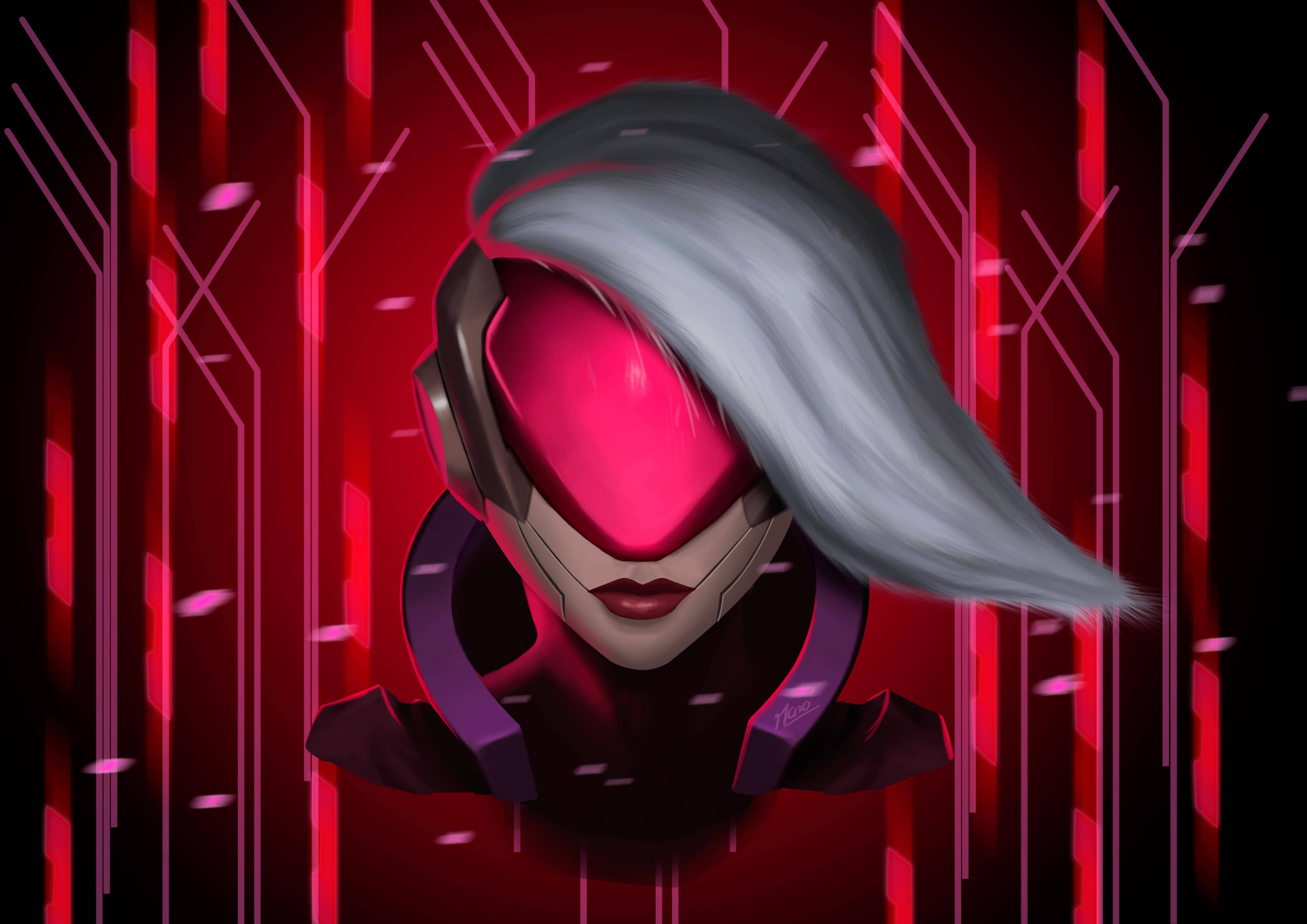 4K LOL PROJECT: Katarina 壁紙 — 一個銀髮、戴著發光粉紅色護目鏡的賽博龐克動漫角色，站在紅色霓虹燈數位背景前。