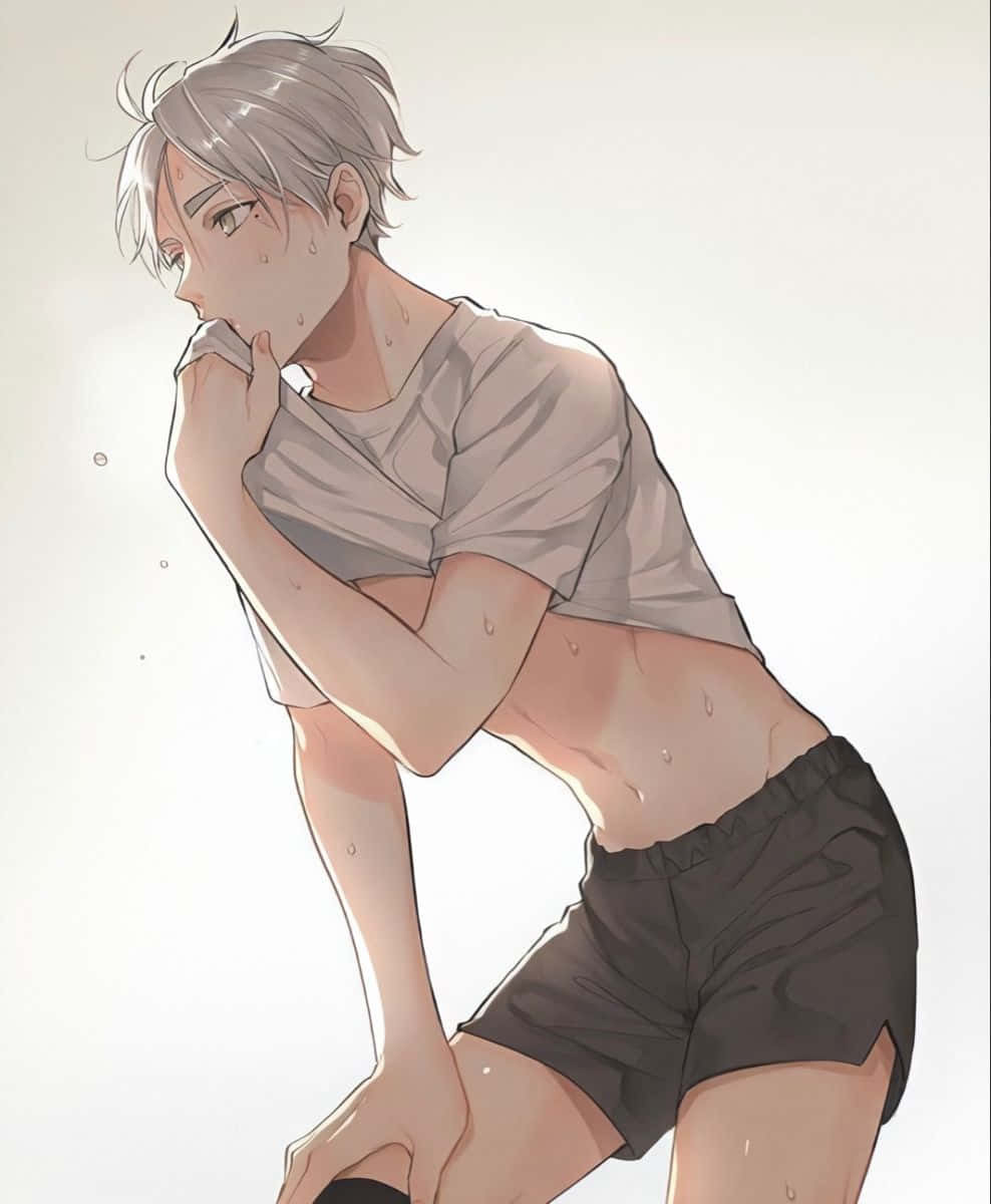 Sugawara Koshi 桌布 壁紙 — 一個銀髮動漫男孩疲憊地向前傾，汗水從他的臉和軀幹滴落，背景是純色的。