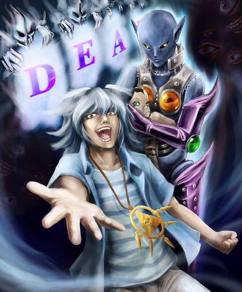 Yami Bakura 桌布 壁紙 — 一個銀髮動漫角色尖叫，一個藍皮膚、眼睛發光的外星人抱著一個孩子，周圍環繞著骷髏和紫色的「DEA」文字。