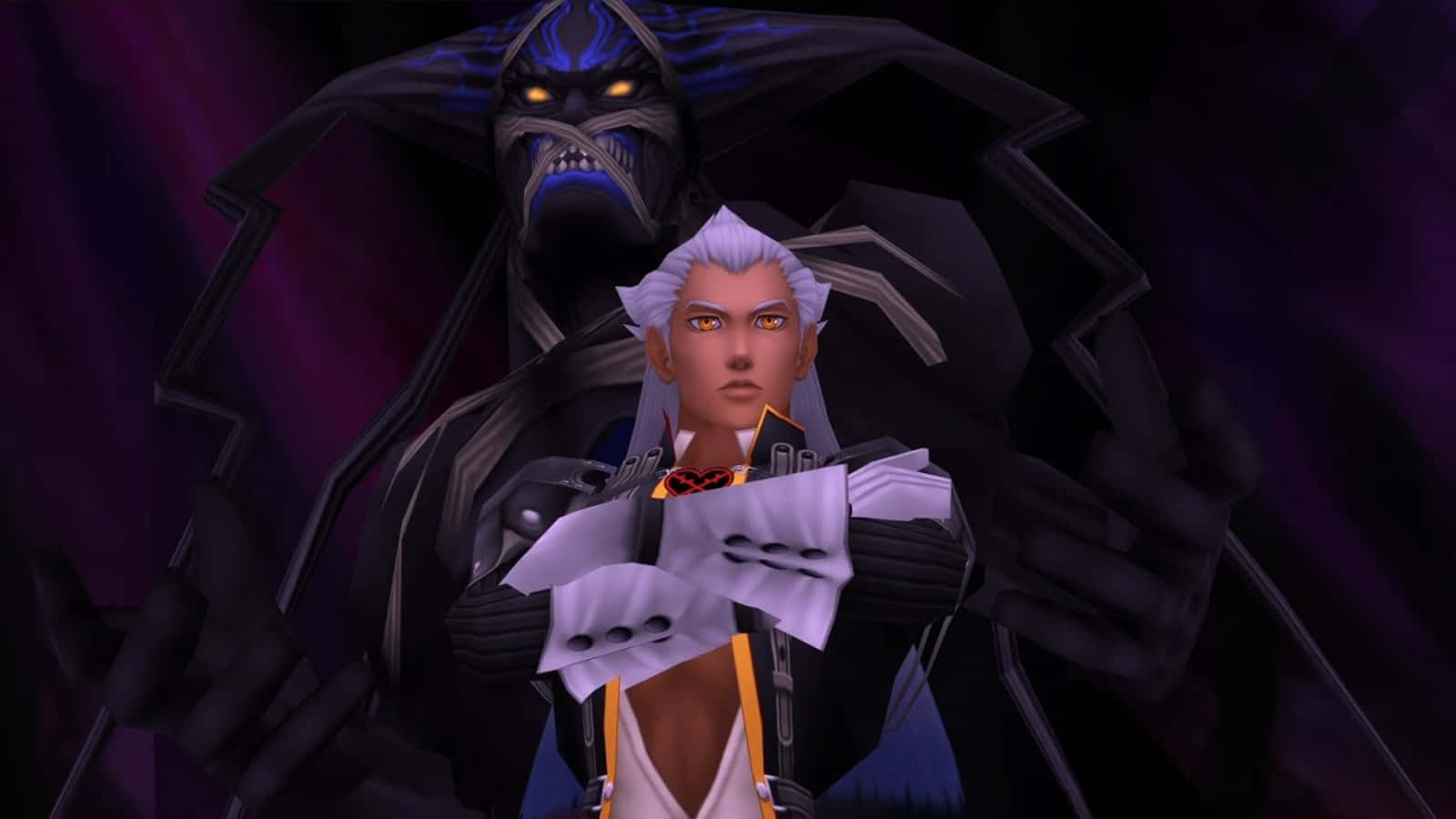 Ansem Seeker Of Darkness 桌布 壁紙 — 一個銀髮動漫角色挑釁地站在一個高聳的黑暗惡魔面前，惡魔有著發光的黃色眼睛和鋸齒狀的黑色盔甲。