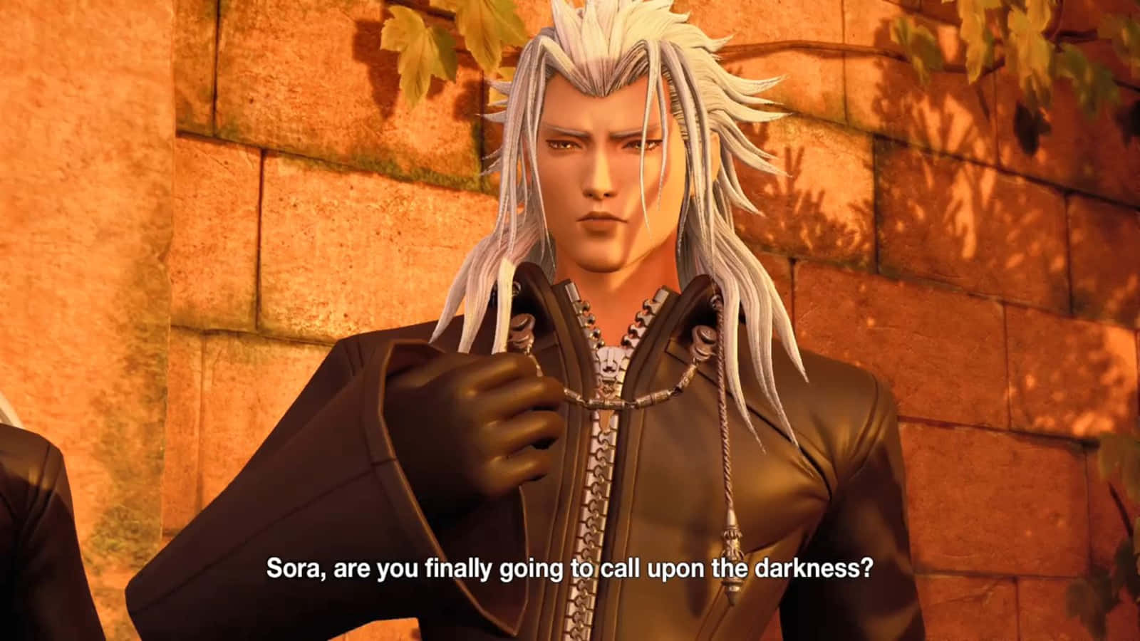 Kingdom Hearts Xemnas 桌布 壁紙 — 一個銀髮動漫角色穿著深色外套，站在陽光照射的石牆前，秋天的樹葉投下陰影。