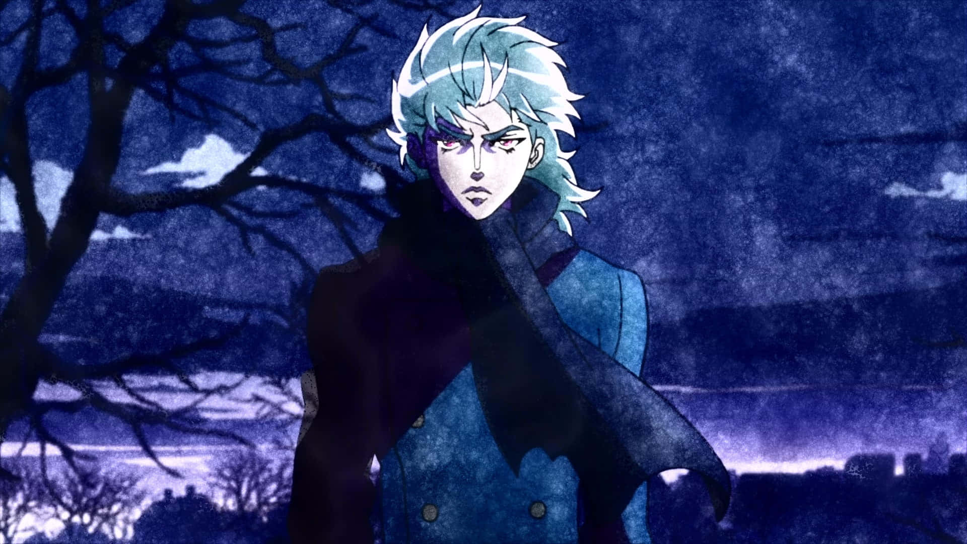 Dio Brando 桌布 壁紙 — 一個銀髮動漫角色穿著深色外套，站在一棵光禿禿的樹下，背景是憂鬱的黃昏天空。
