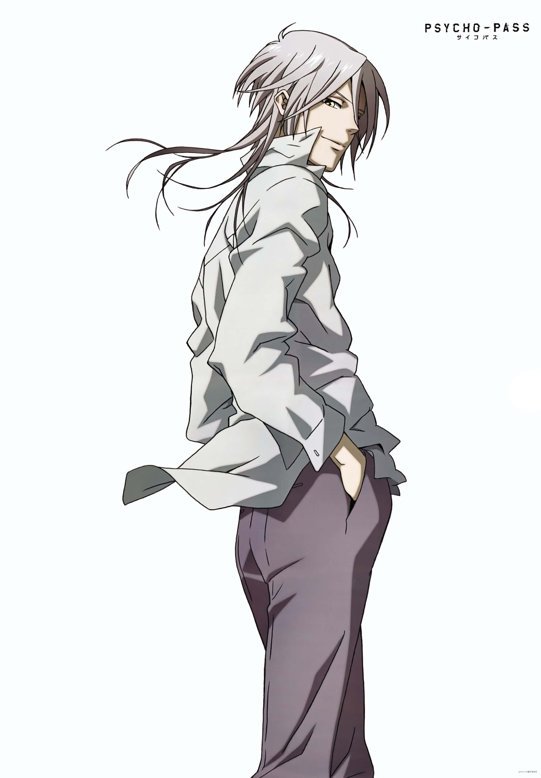 Shogo Makishima 桌布 壁紙 — 一個銀髮動漫角色穿著白色襯衫和灰色褲子，雙手插袋，站在純白色背景前。