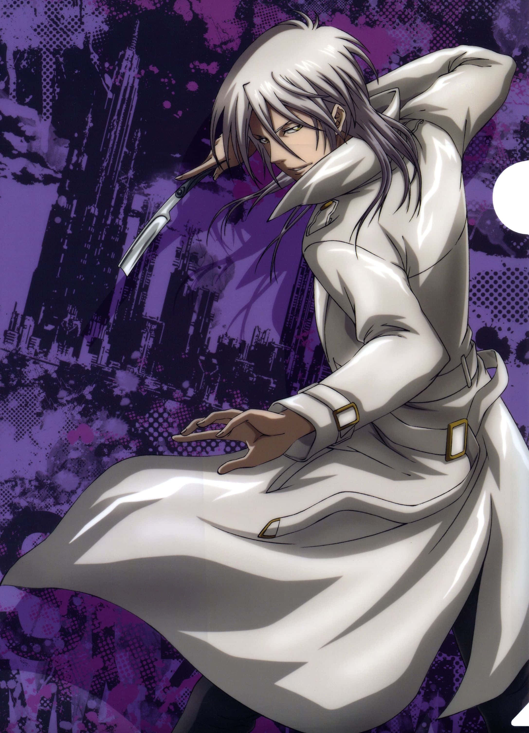 Shogo Makishima 桌布 壁紙 — 一個銀髮動漫角色穿著白色風衣，在紫色飛濺的城市景觀背景下揮舞著一把刀。
