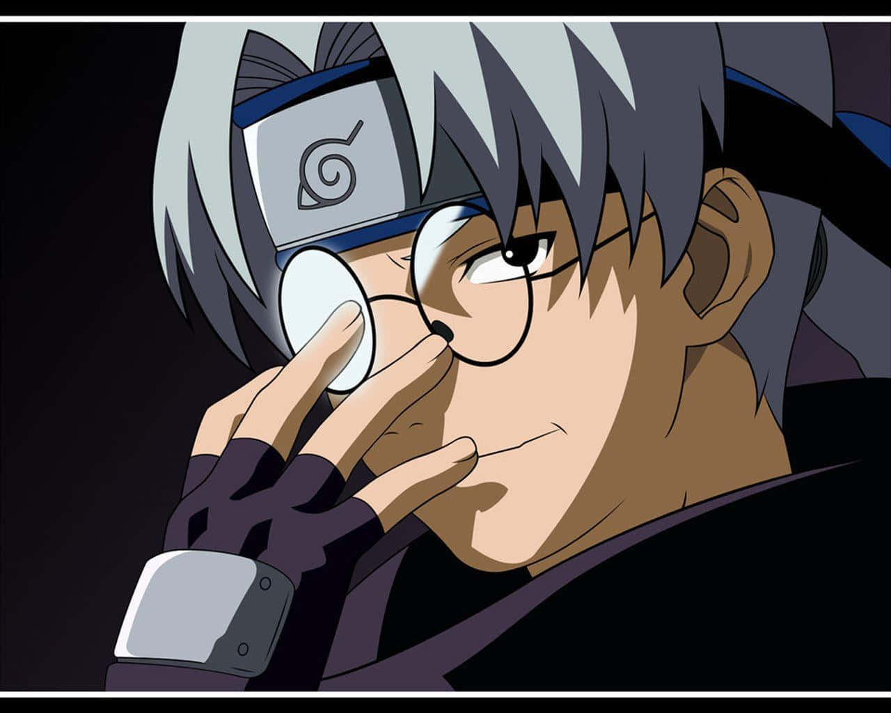 Kabuto Yakushi 桌布 壁紙 — 一個銀髮戴眼鏡的動漫角色特寫，在黑暗背景下調整眼鏡。